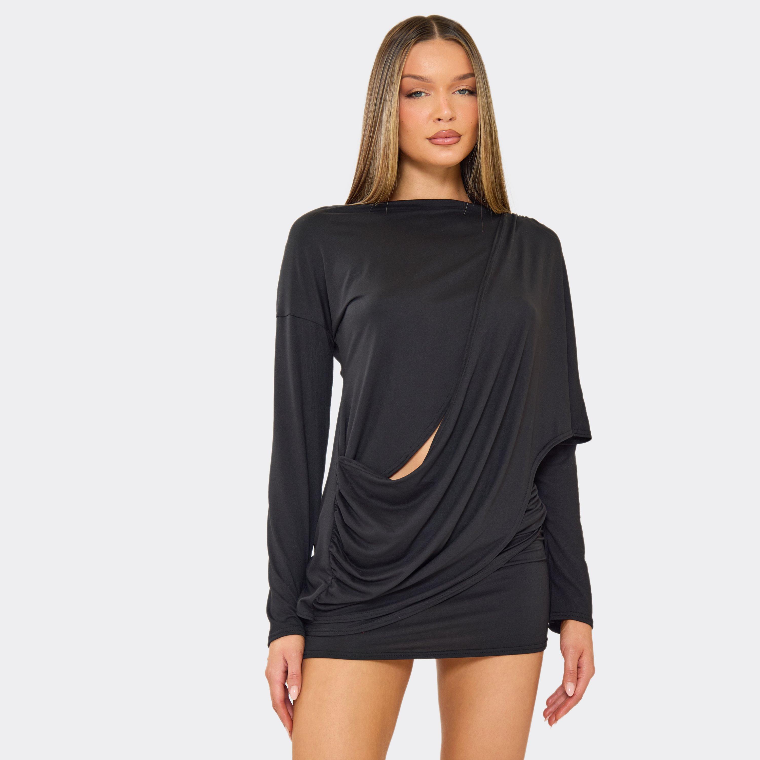 Long Sleeve Drape Front Detail Top In Black, Women's Size UK 10