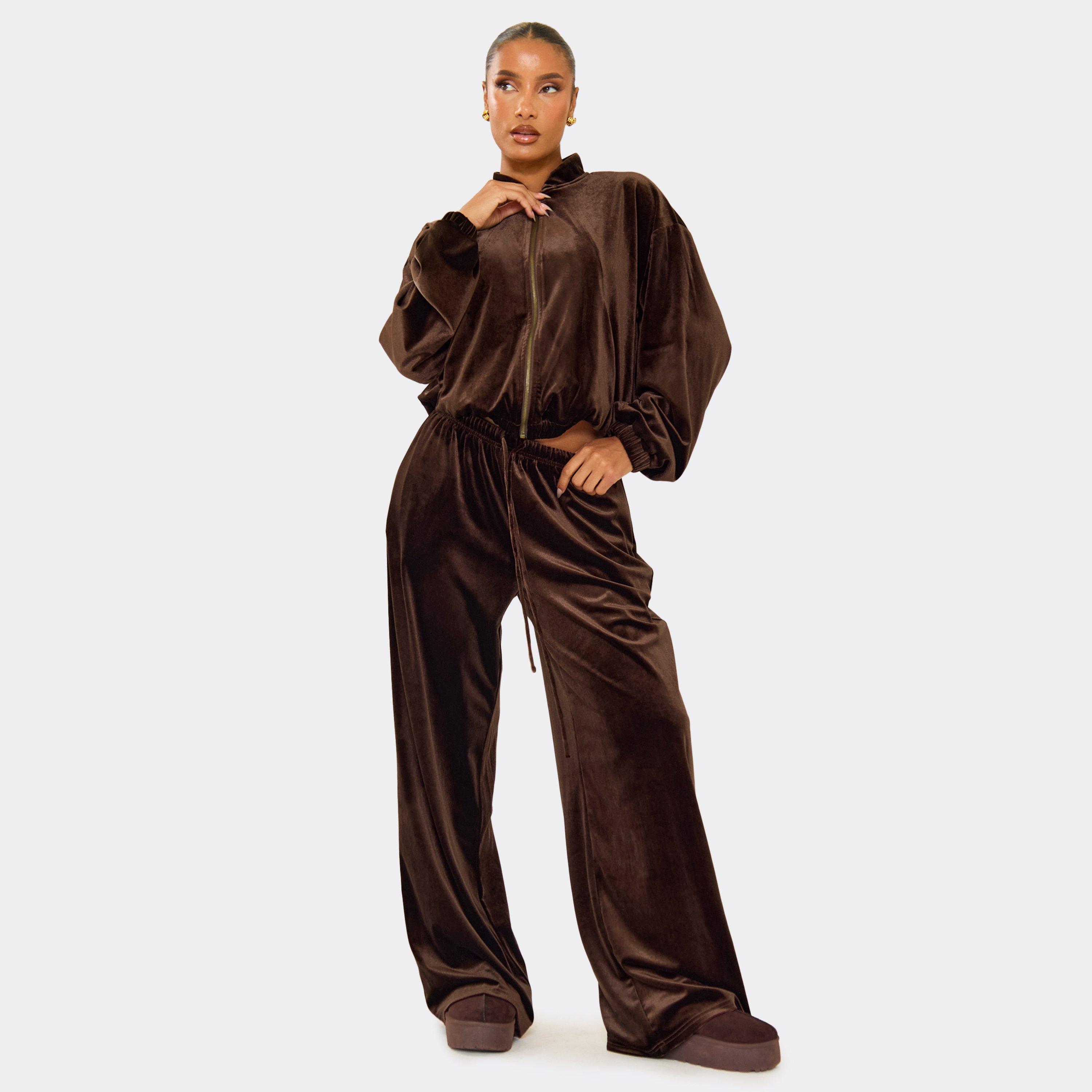 Mid Rise Wide Leg Joggers In Chocolate Brown Velour, Women's Size UK 6