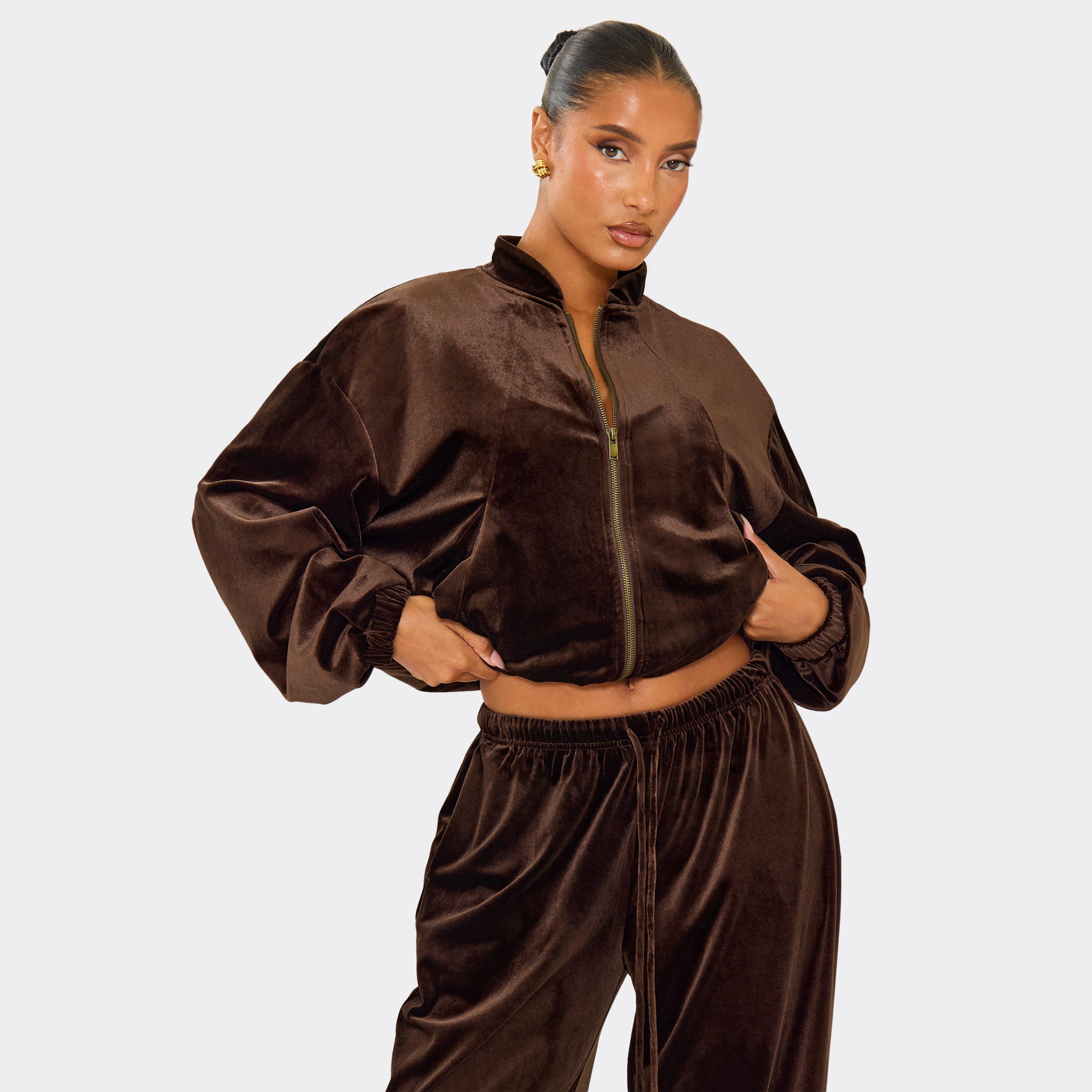 Oversized Zip Up Jacket In Chocolate Brown Velour, Women's Size UK 8