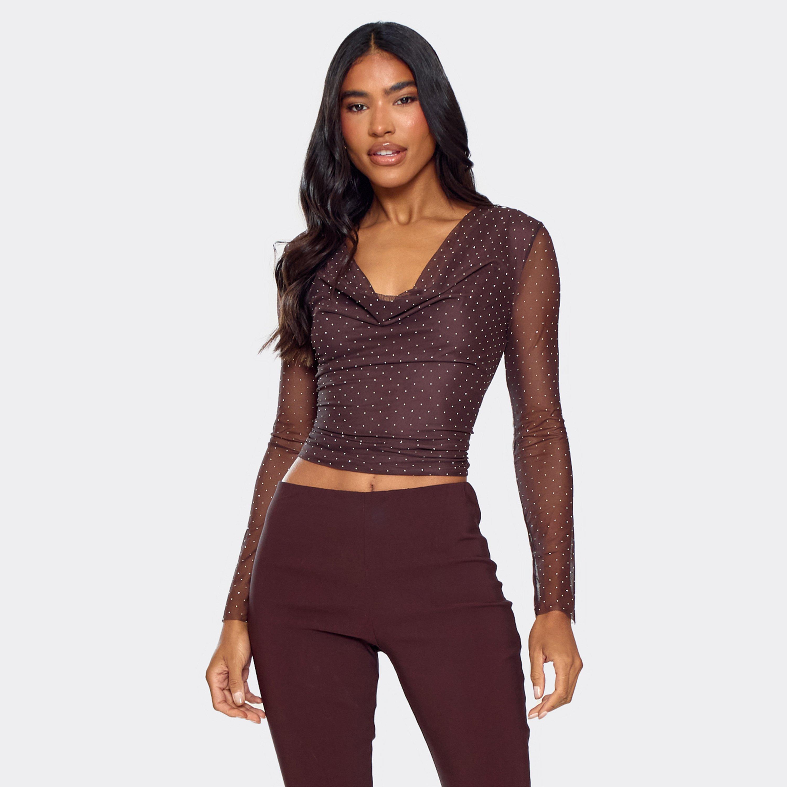 Cowl Neck Mesh Detail Top In Brown Polka Dot, Women's Size UK S
