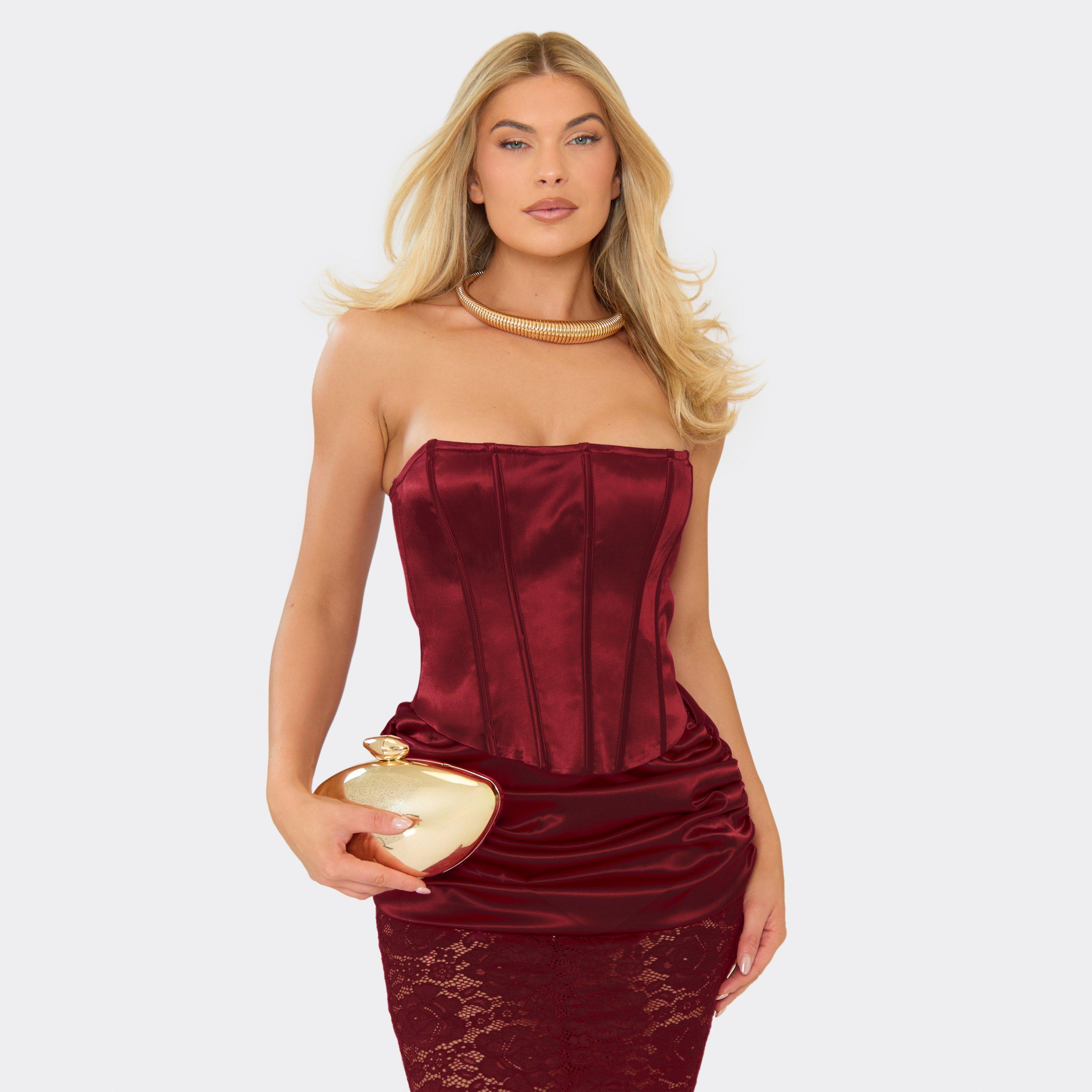 Bandeau Corset Top In Burgundy Satin, Women's Size UK 8
