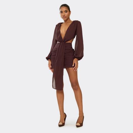 Long Sleeve Plunge Drape Detail Mini Dress In Chocolate Brown Chiffon, Women's Size US