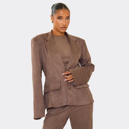 Oversized Cinched Waist Blazer Jacket In Taupe Faux Suede, Women's Size US