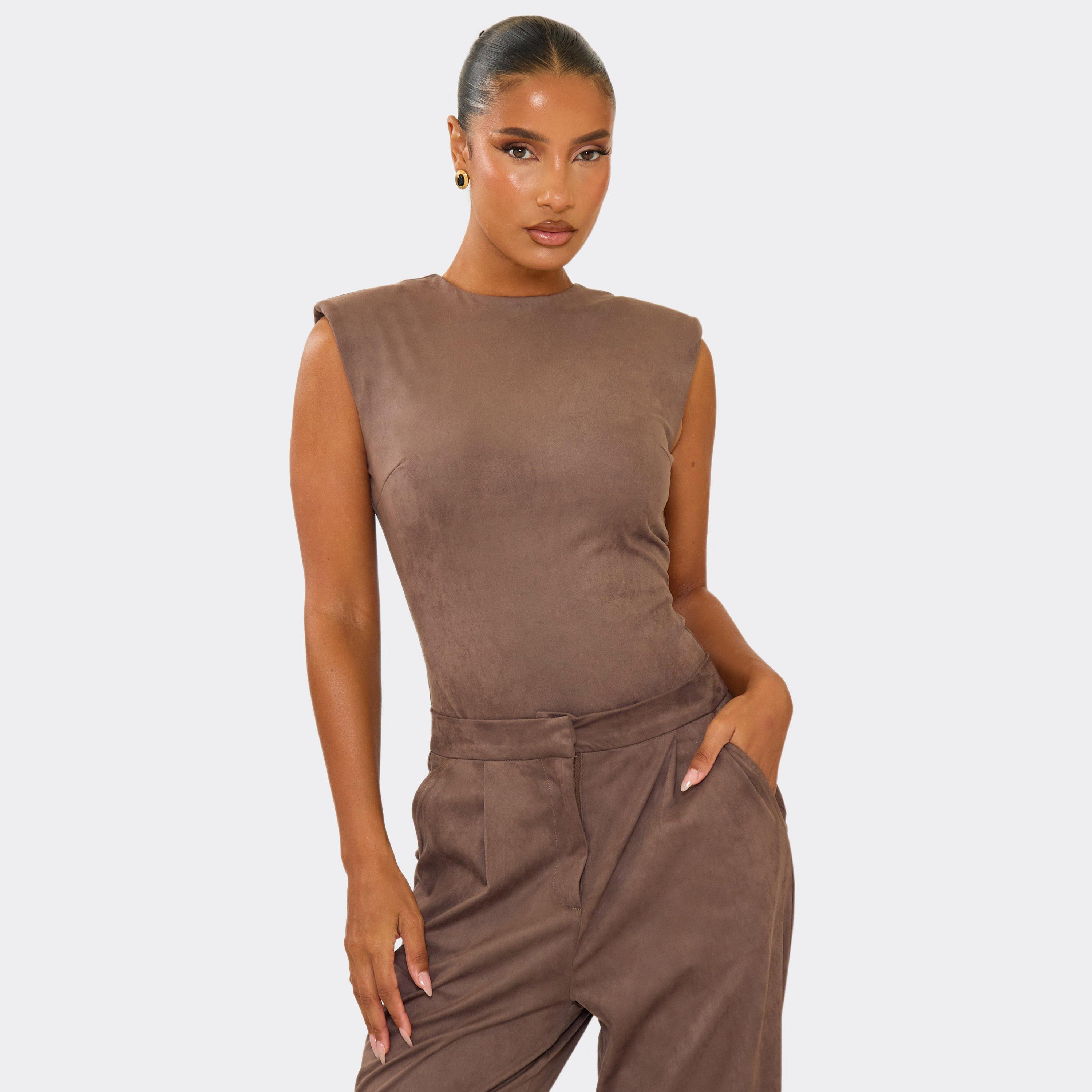 Crew Neck Sleeveless Shoulder Pad Detail Bodysuit In Taupe Faux Suede, Women’s