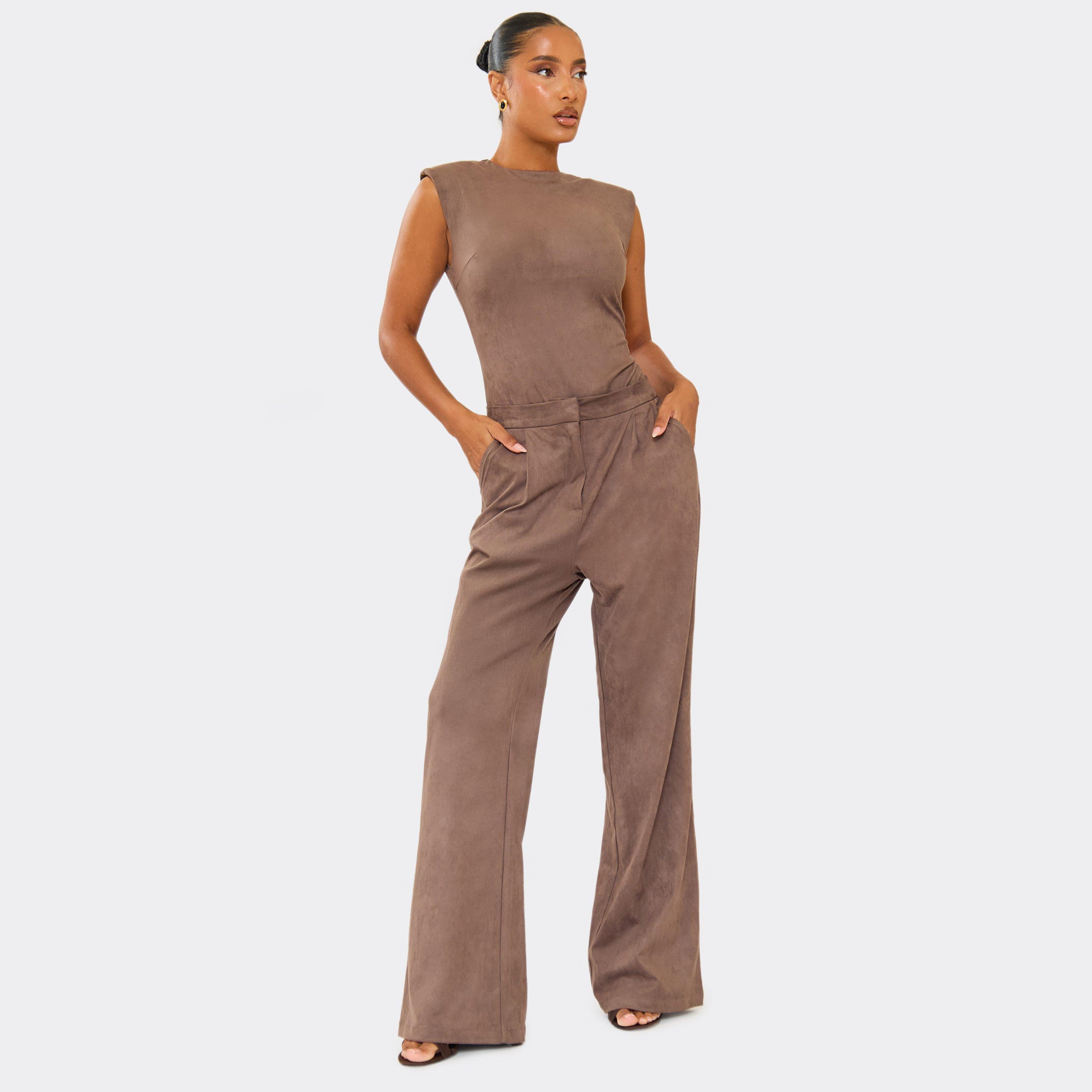 Mid Rise Wide Leg Tailored Trousers In Taupe Faux Suede, Women's Size UK 12