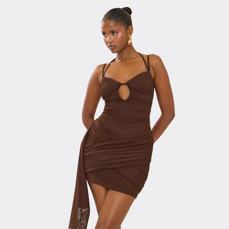 Cut Out Strappy Underwired Detail Drape Front Mini Dress In Brown, Women's Size US