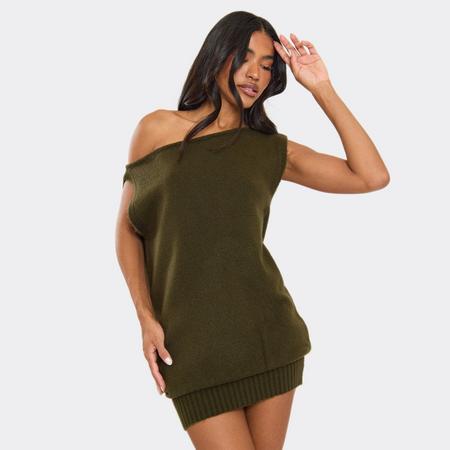 Off The Shoulder Draped Asymmetric Detail Mini Dress In Khaki Knit, Women's Size US