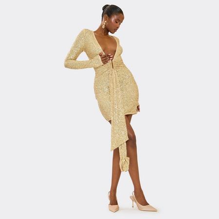 Long Sleeve Plunge Front Draped Detail Mini Dress In Gold Sequin, Women's Size US