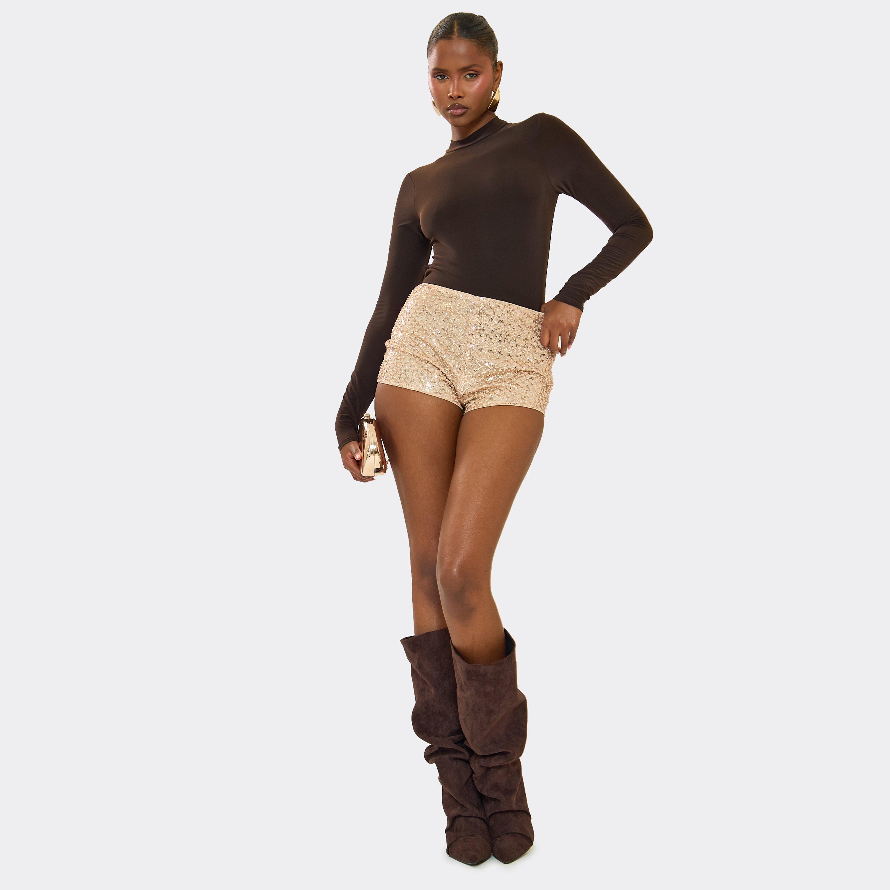 Micro Hotpants In Gold Sequin, Women's Size UK 10