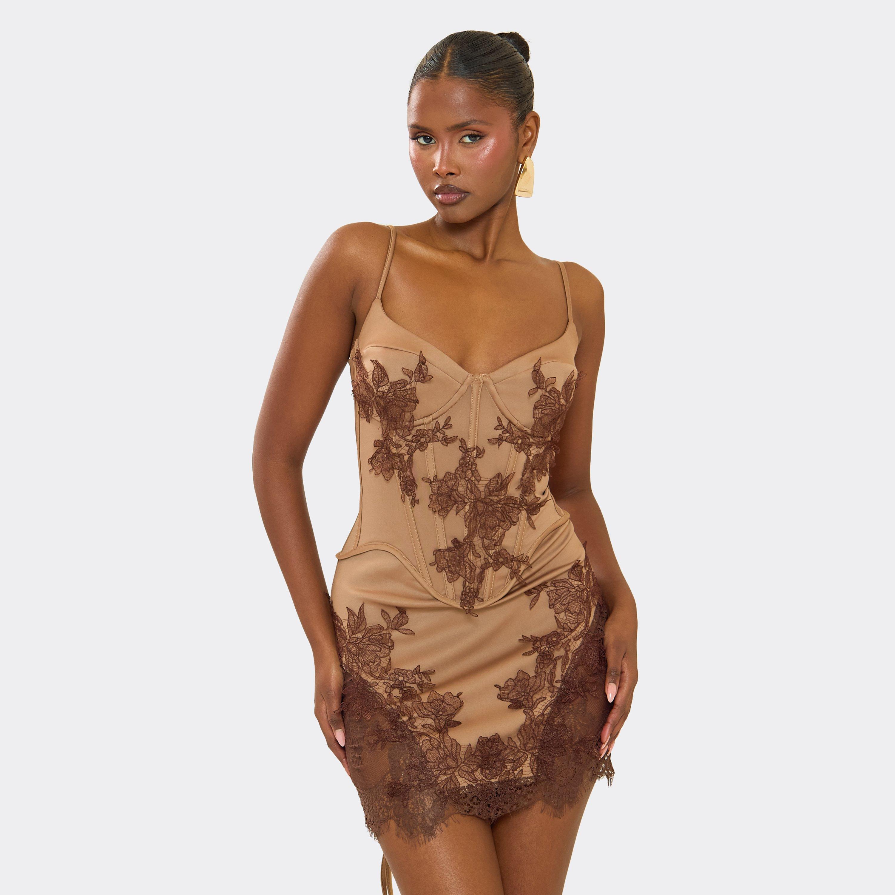 Underwired Contrast Lace Detail Mini Dress In Nude Satin, Women's Size UK 8