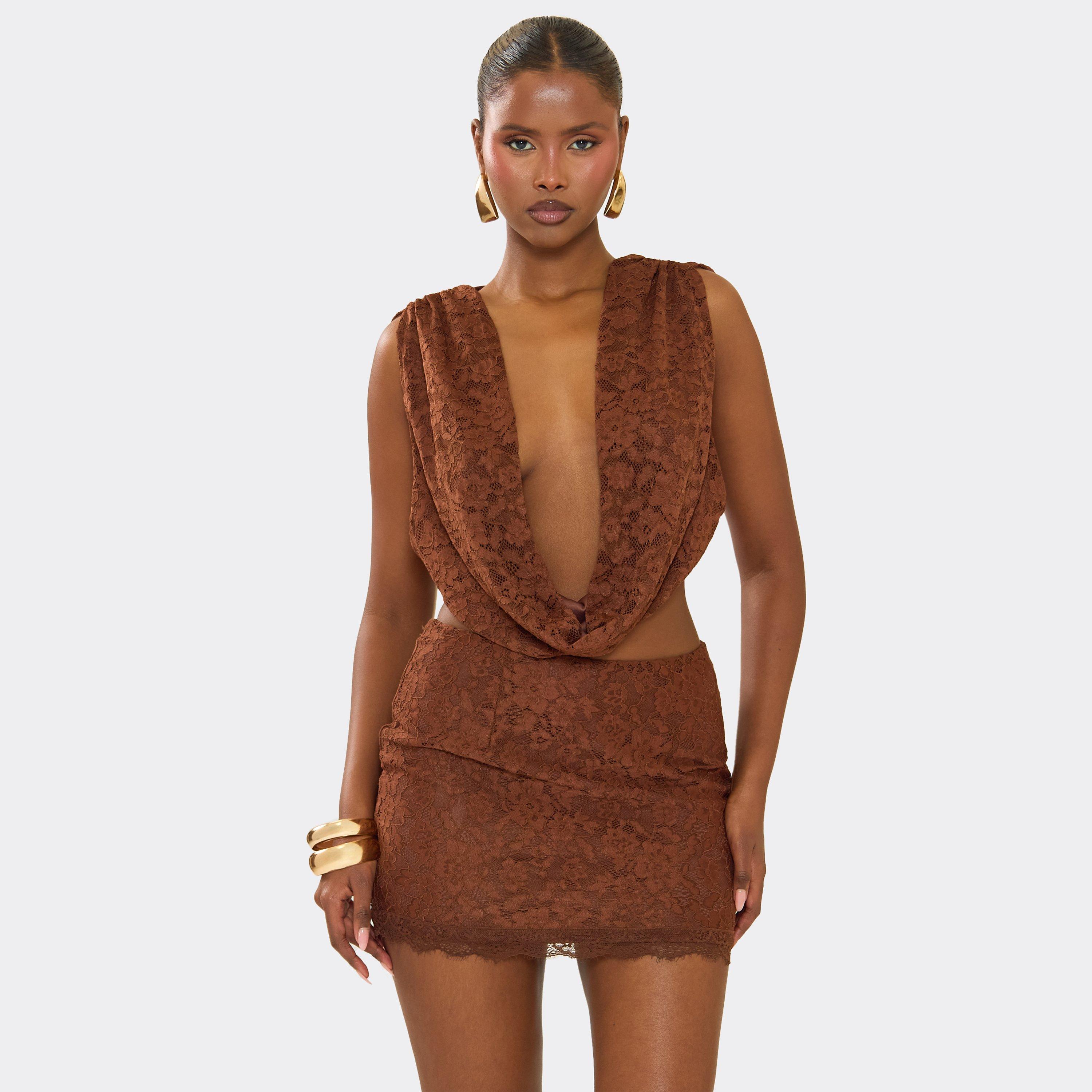 Image of Ruched Cowl Front Tie Back Top In Brown Lace, Women's