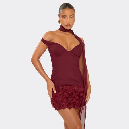 Scarf Detail Floral Applique Panel Mini Dress In Burgundy, Women's Size US