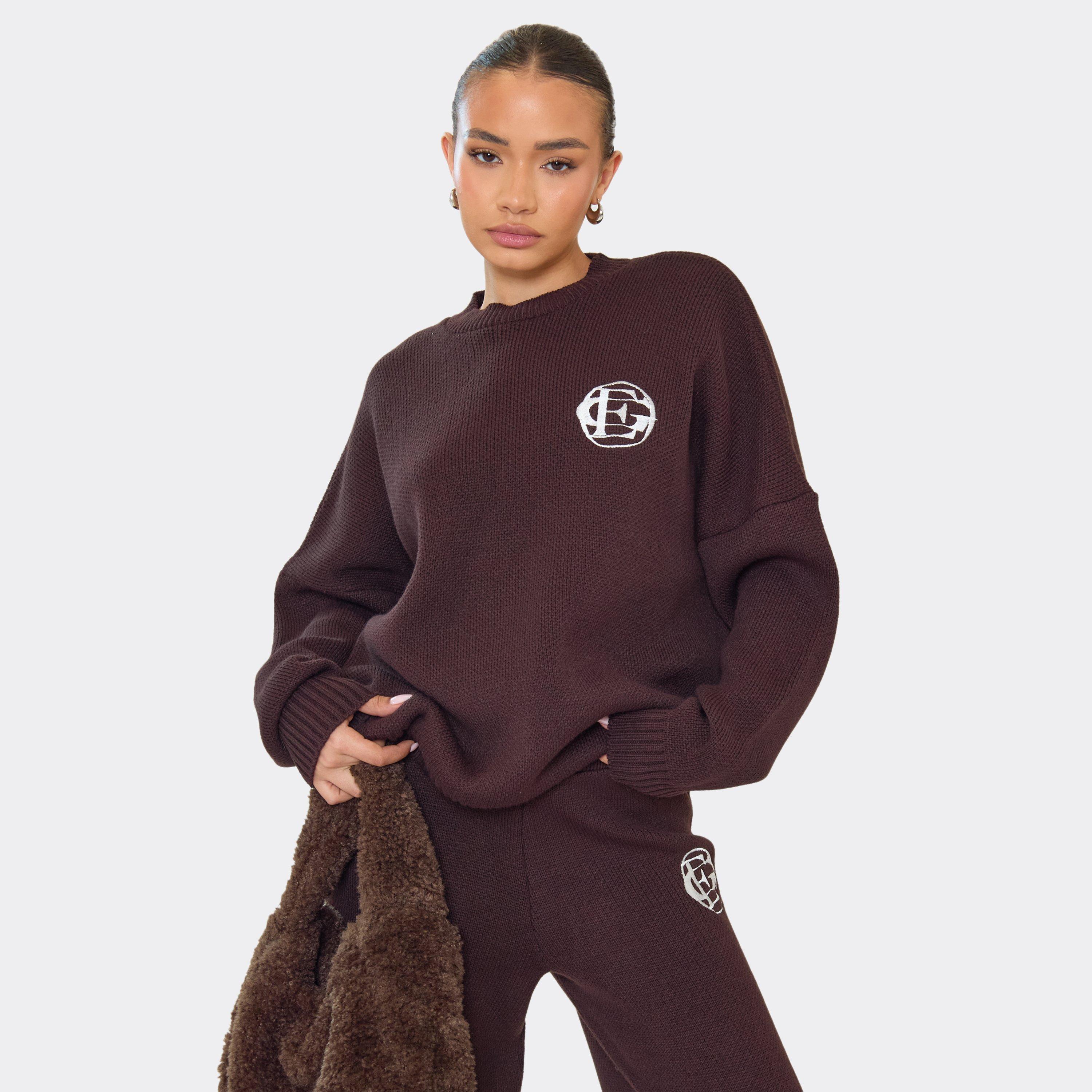 Oversized Embroidered Ego Logo Detail Jumper In Chocolate Brown Knit, Women's Size UK S
