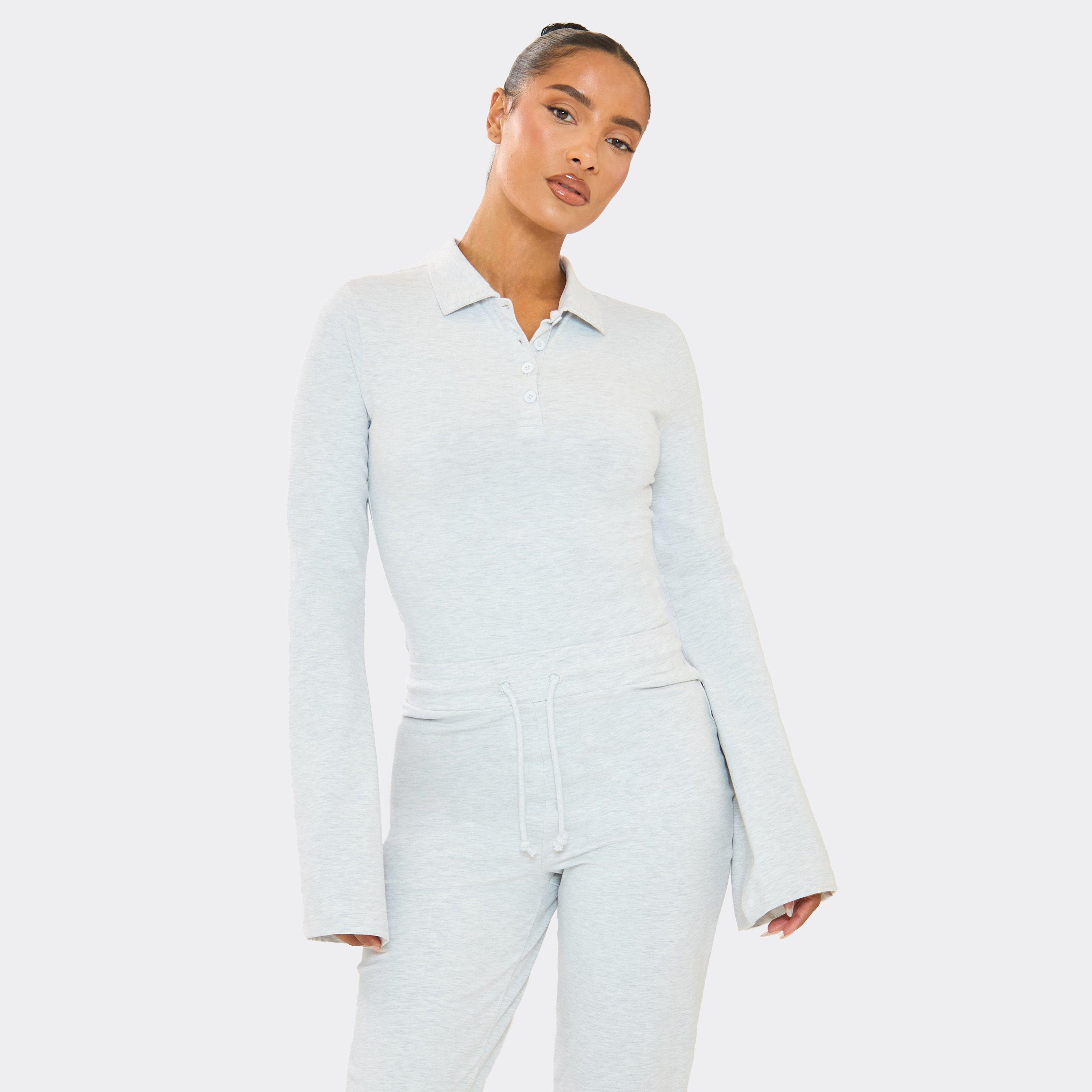 Image of Flared Sleeve Button Detail Top In Grey Marl, Women's