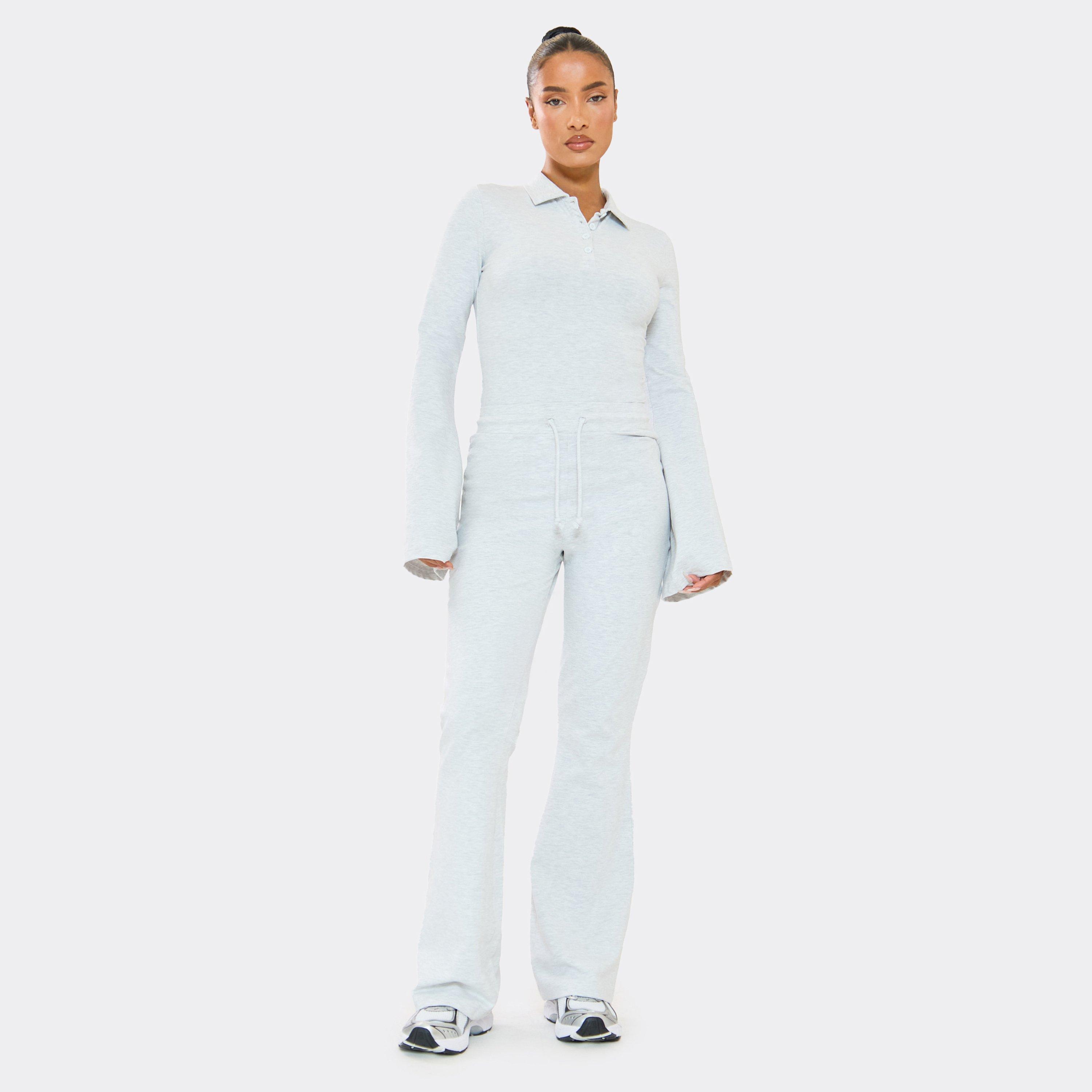 Mid Rise Drawstring Waist Wide Leg Flared Joggers In Grey Marl, Women's Size UK 8