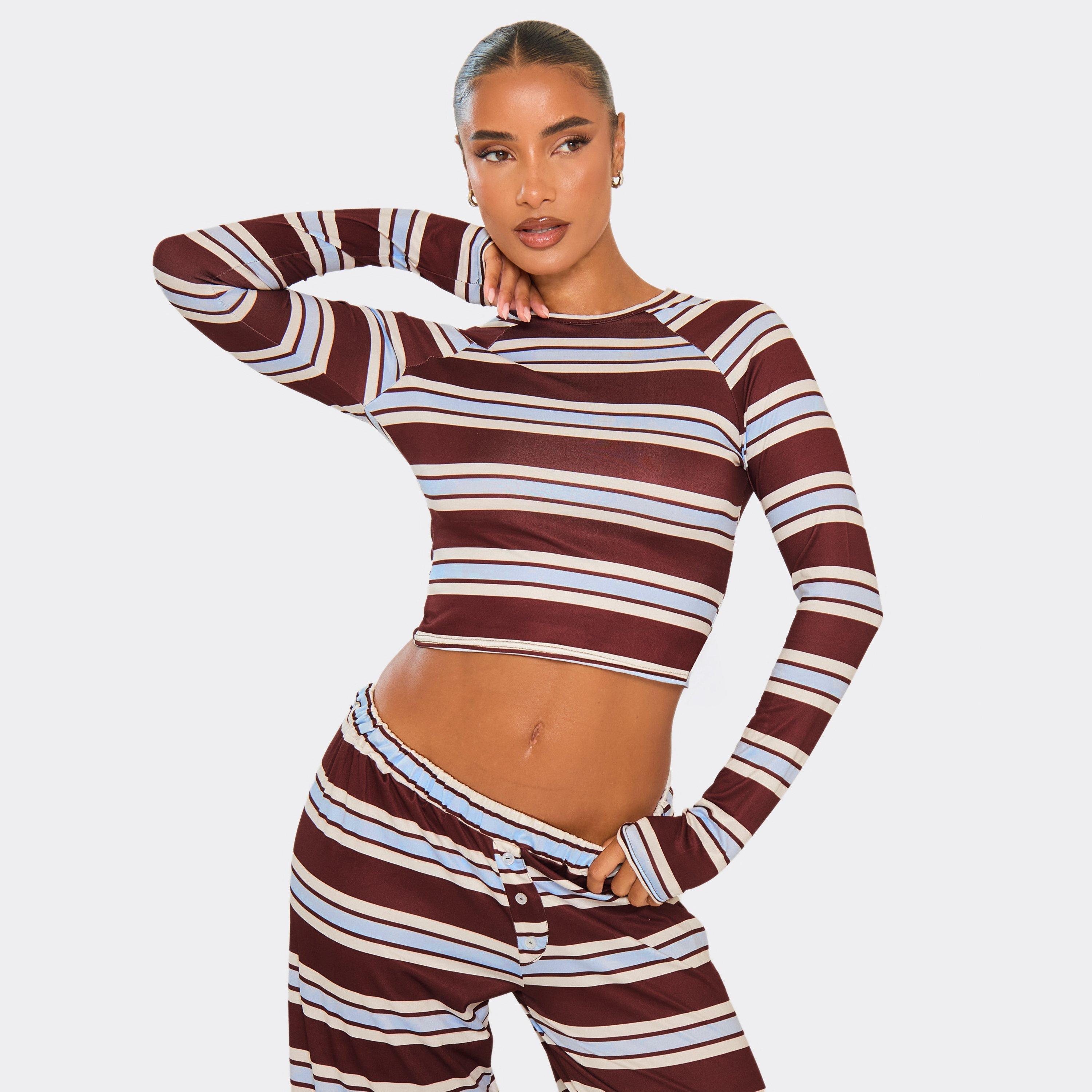 Long Sleeve Crew Neck T-Shirt In Brown Stripe, Women's Size UK 14