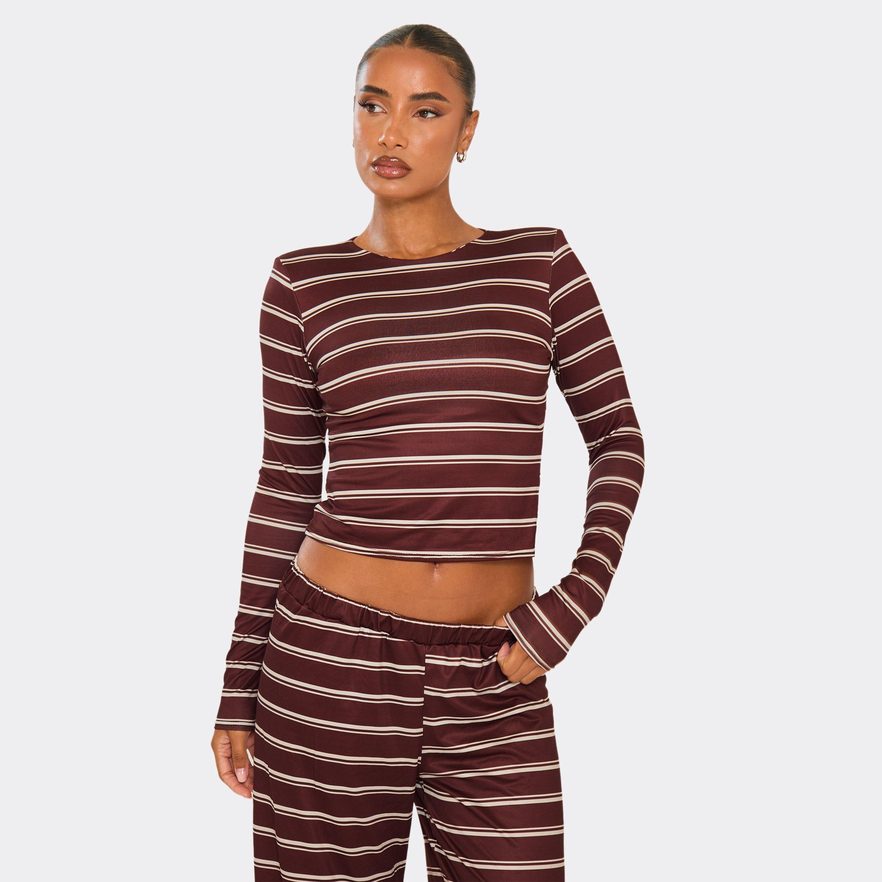 Long Sleeve Shoulder Pad Crew Neck Top In Brown Stripe, Women's Size UK 6