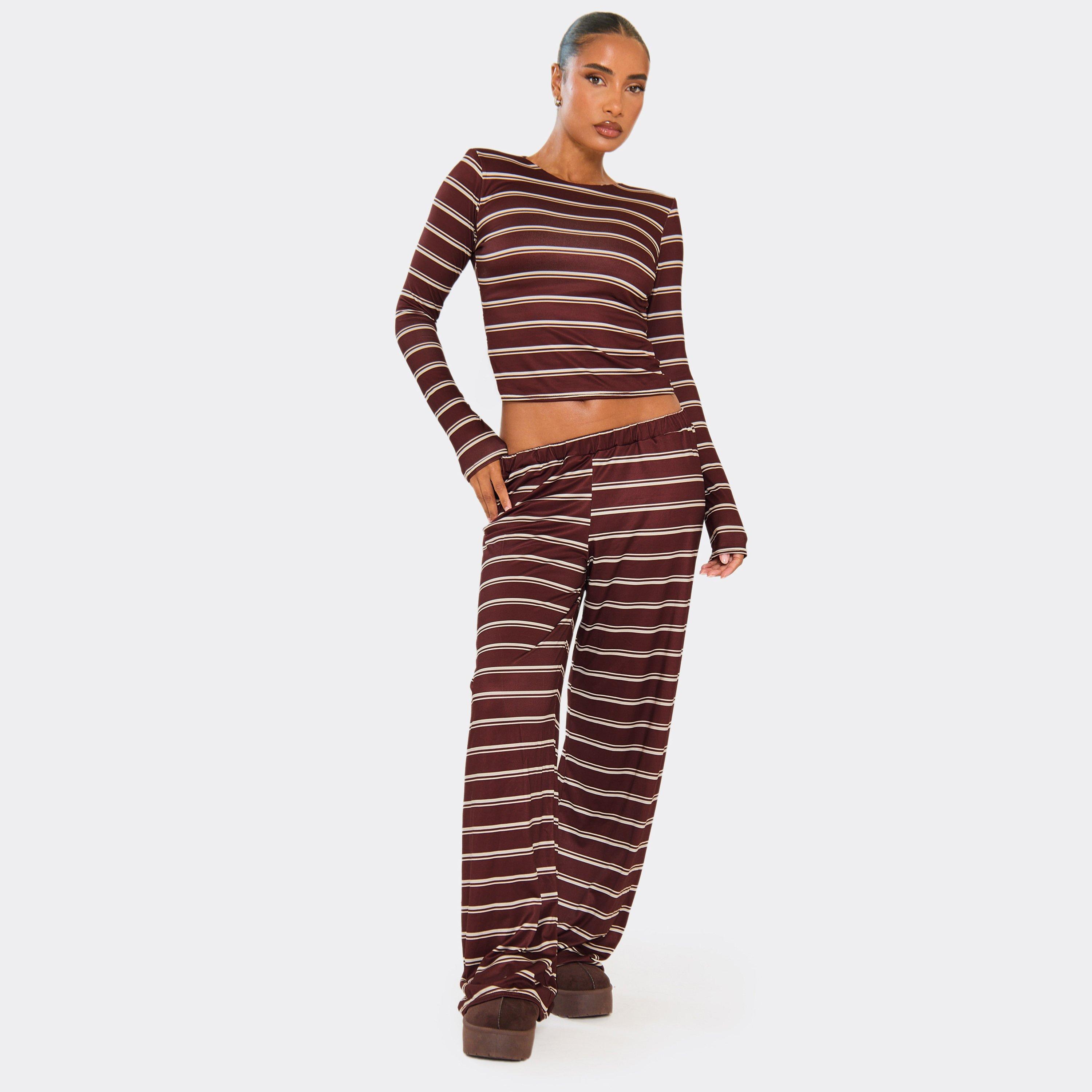Image of Mid Rise Wide Leg Trousers In Brown Stripe, Women's
