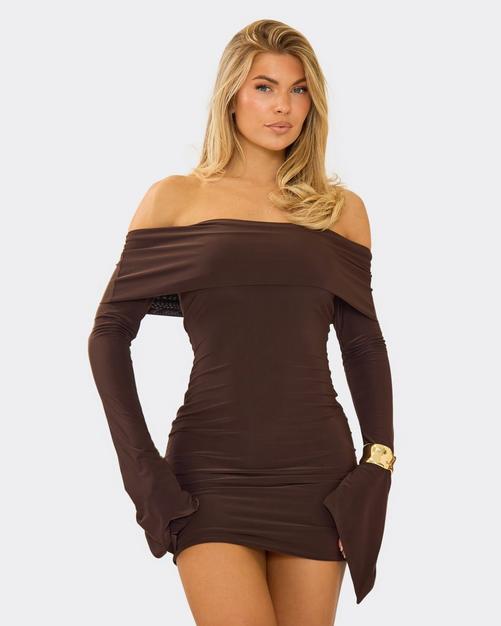 Bardot Fold Over Flared Sleeve Mini Dress In Chocolate Brown