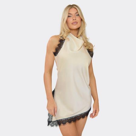 Cowl High Neck Lace Trim Asymmetric Hem Detail Mini Dress In Cream Satin, Women's Size US
