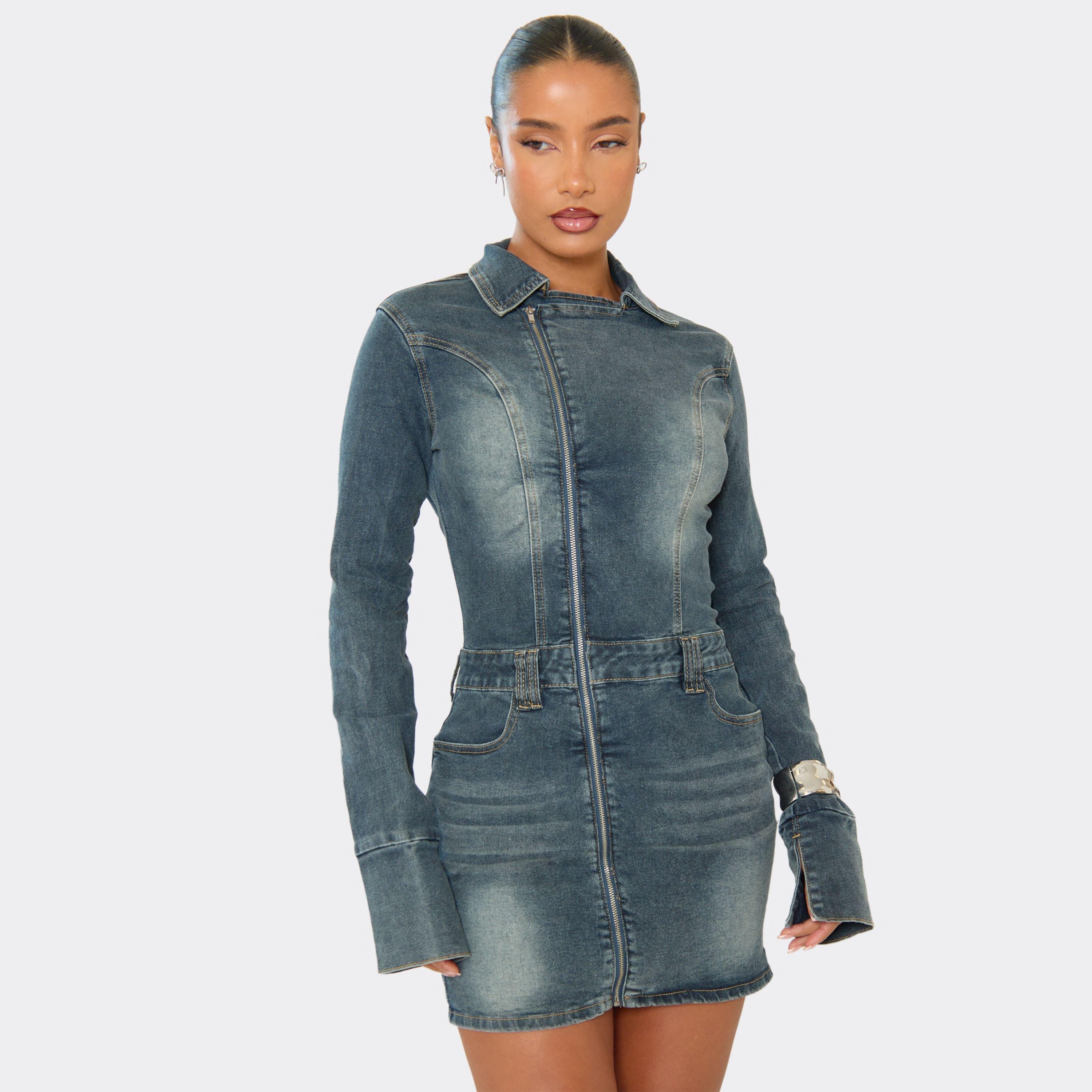 Long Sleeve Zip Detail Mini Dress In Washed Blue Denim, Women's Size UK 10