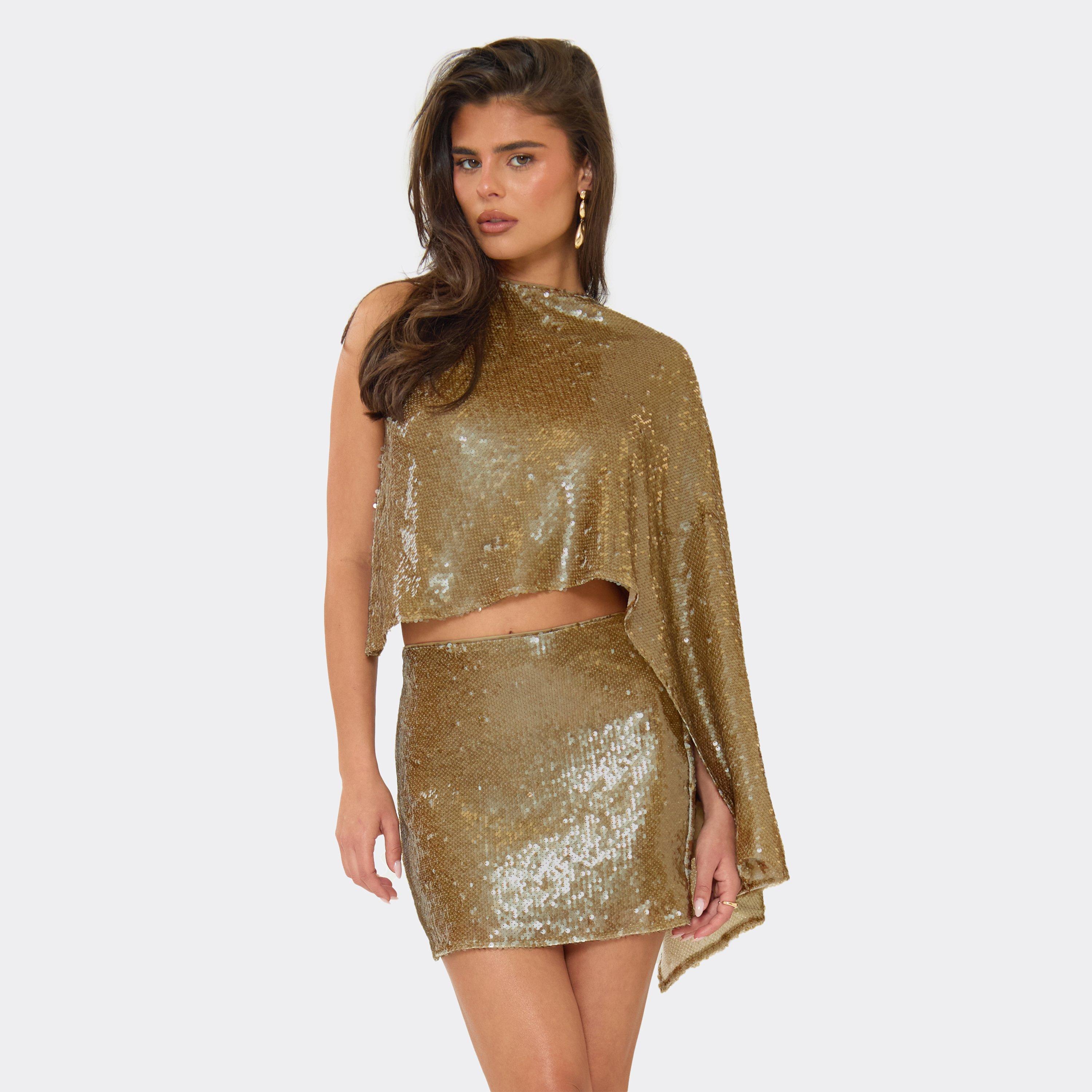 Asymmetric Cape Backless Detail Top In Gold Sequin, Women's Size UK 6