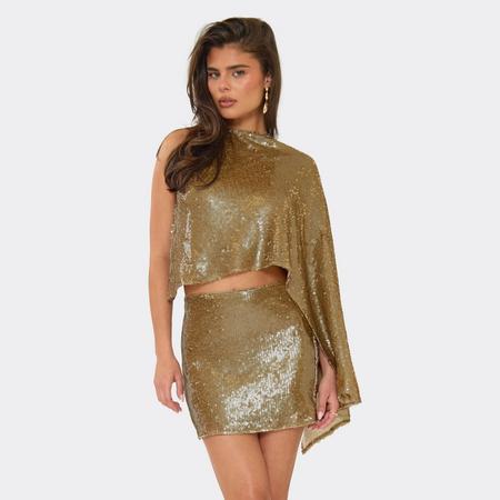 Asymmetric Cape Backless Detail Top In Gold Sequin, Women's Size US