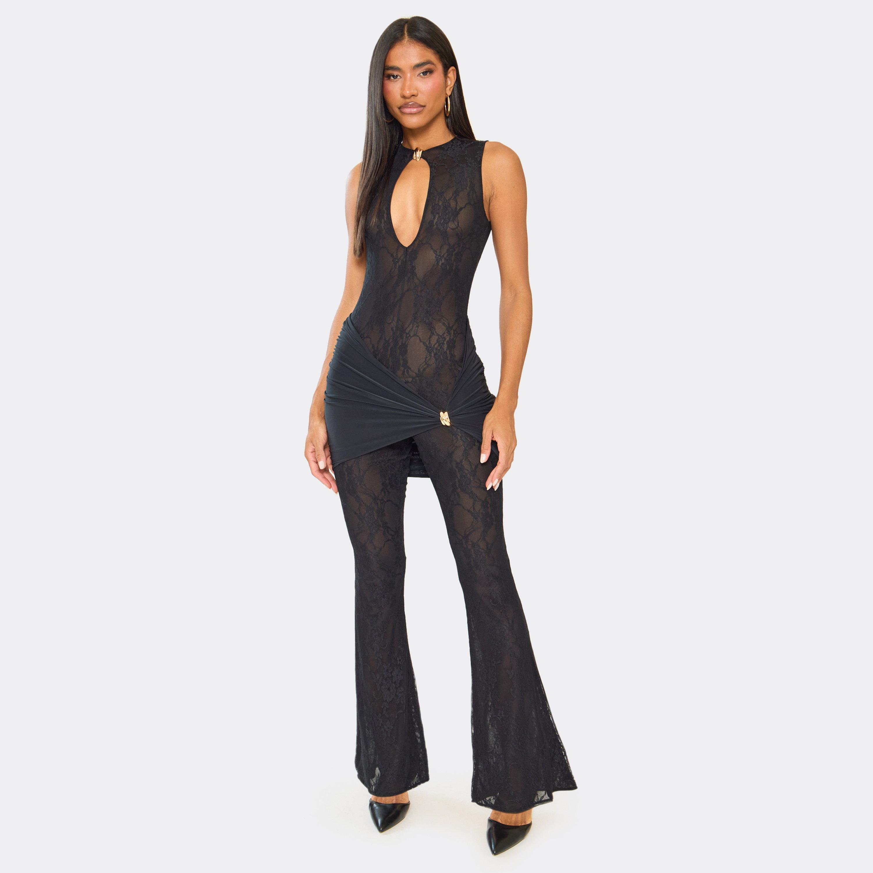 Sleeveless Cut Out Front Ruched Trim Detail Flare Leg Jumpsuit In Black Lace, Women's Size UK 14