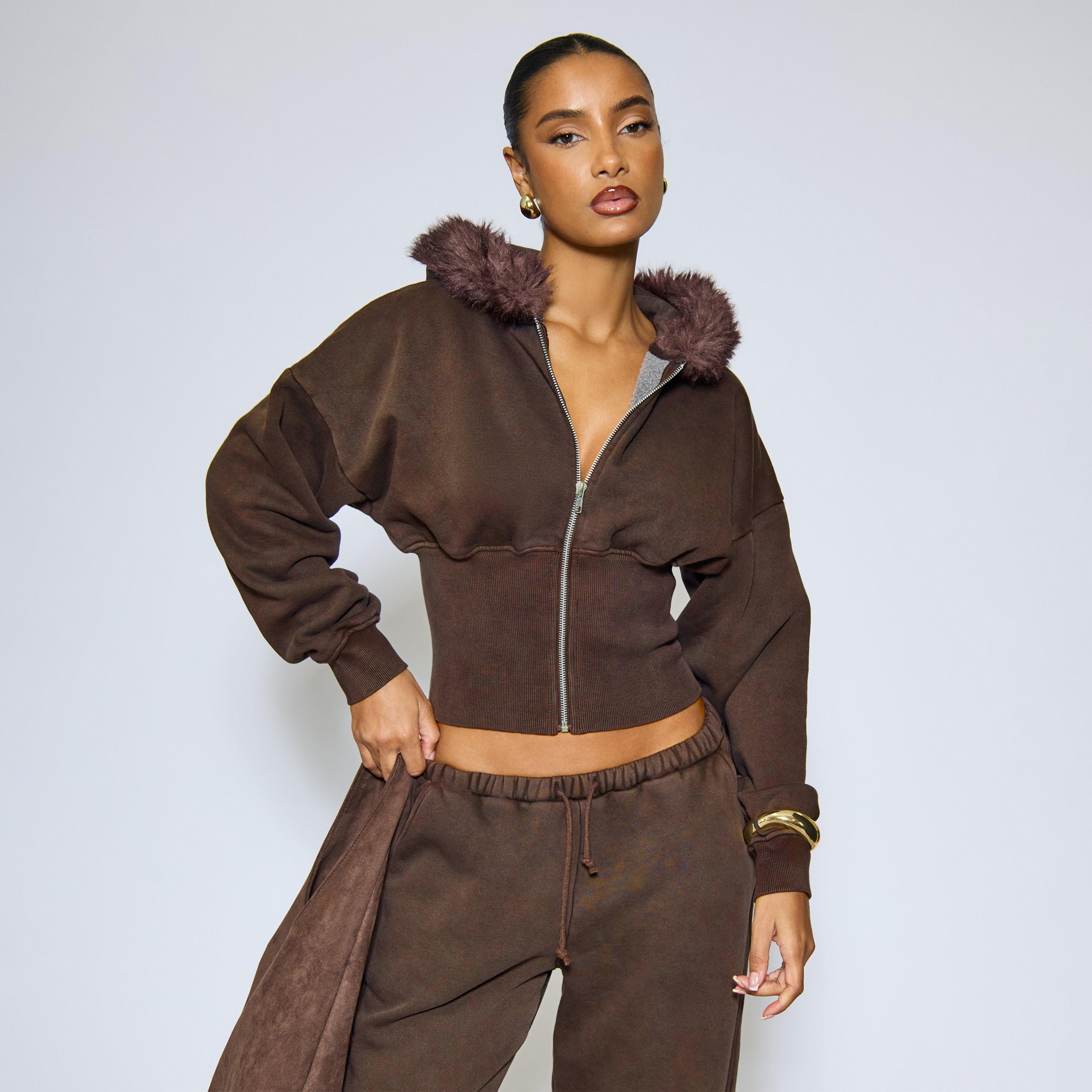 Fur Detail Cinched Waist Zip Up Hoodie In Washed Chocolate Brown, Women’s