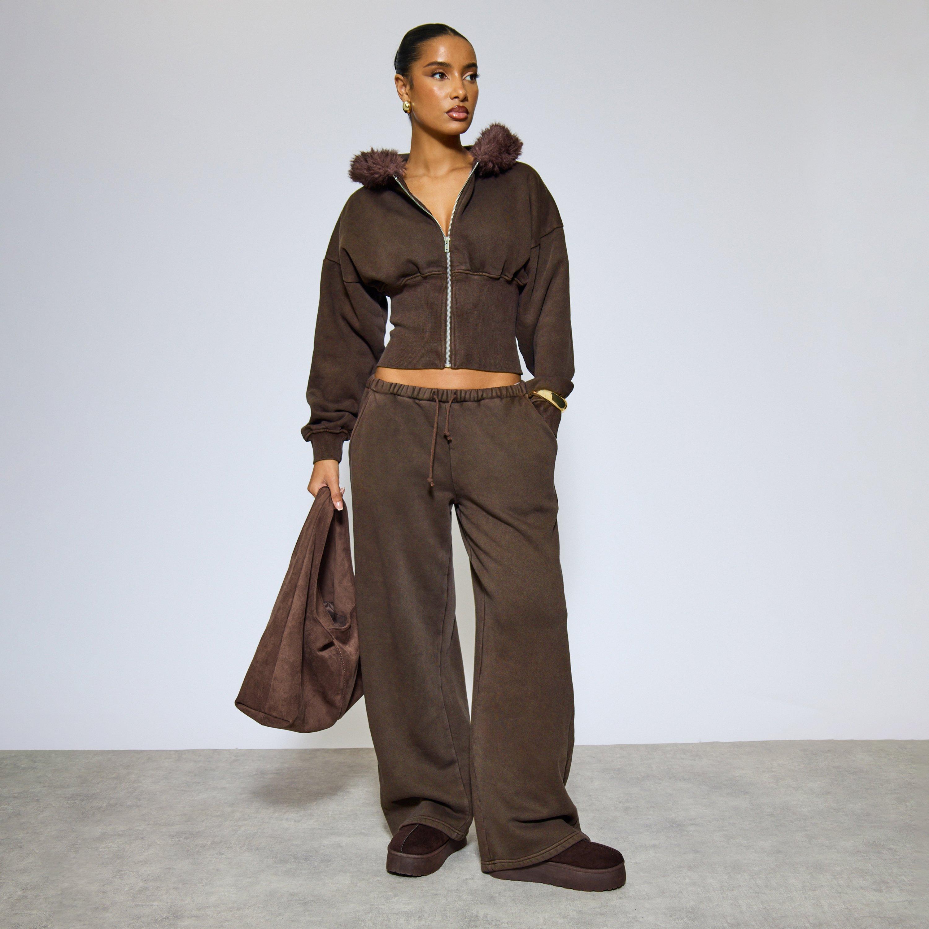 Low Rise Wide Leg Joggers In Washed Chocolate Brown, Women's Size UK 10