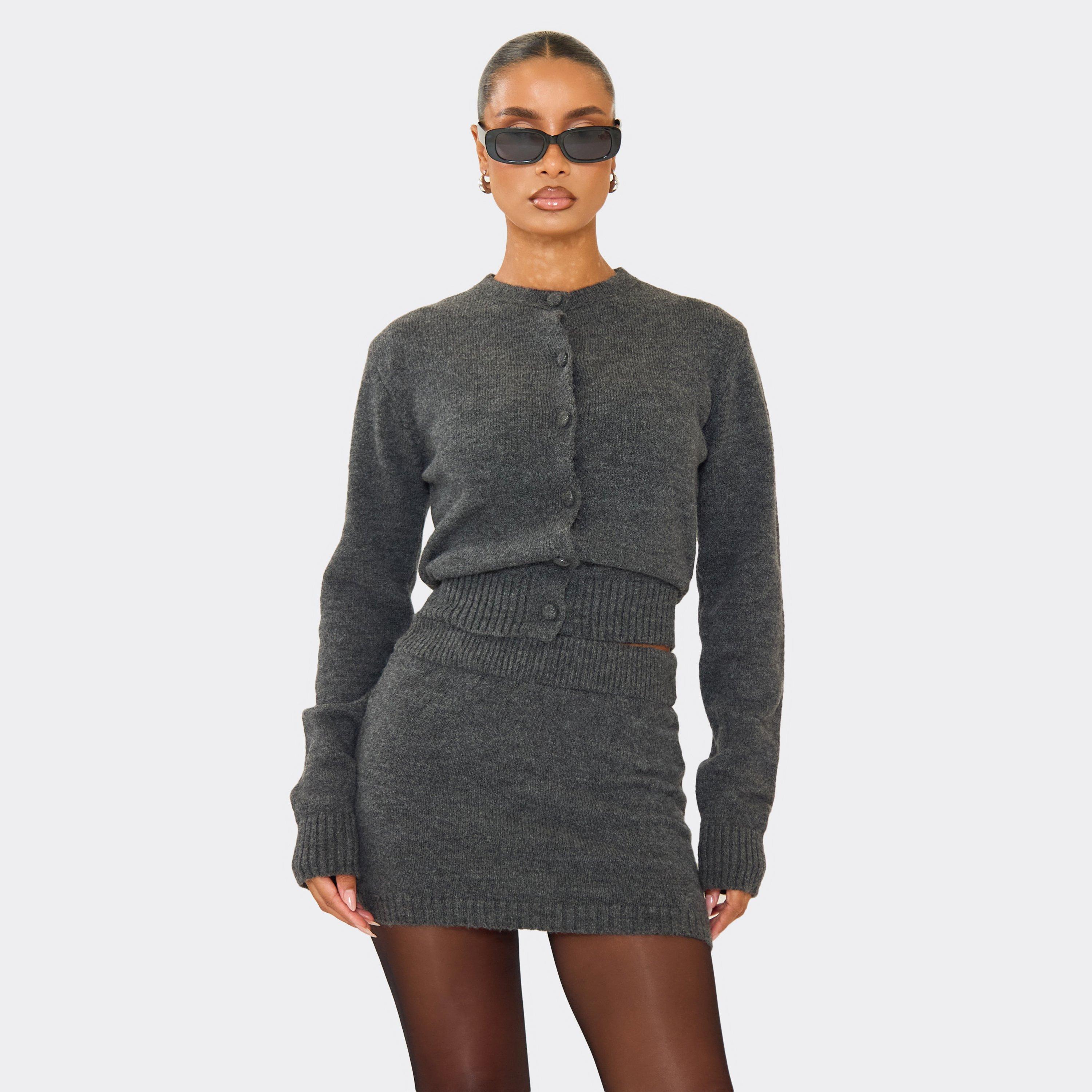 Elastic Waist Mini Skirt In Dark Grey Soft Knit, Women's Size UK S