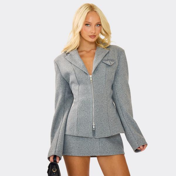 Double Zip Front Cinched Waist Wool Look Blazer In Grey