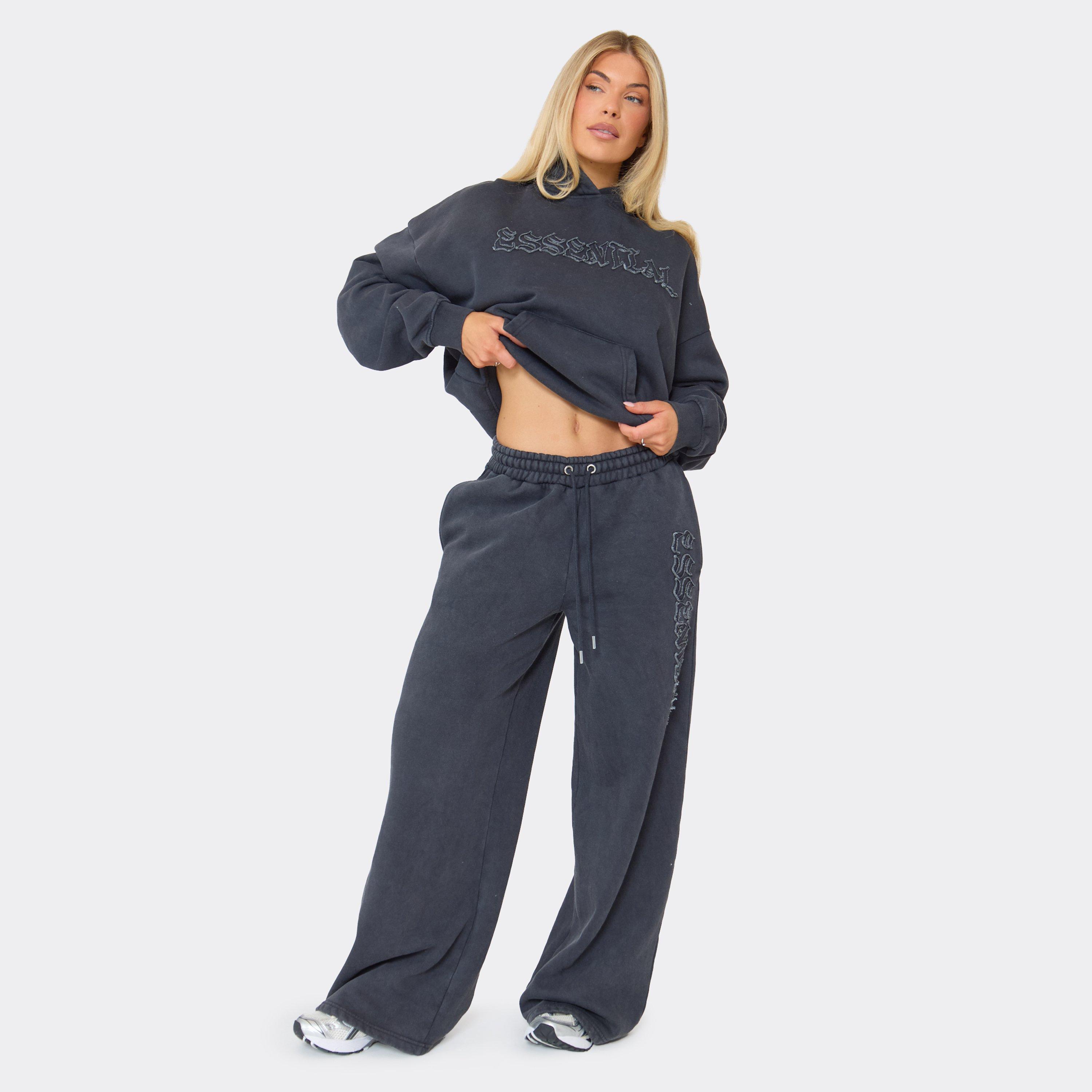 Low Rise Embroidered Essential Graphic Joggers In Washed Charcoal Grey, Women's Size UK 8