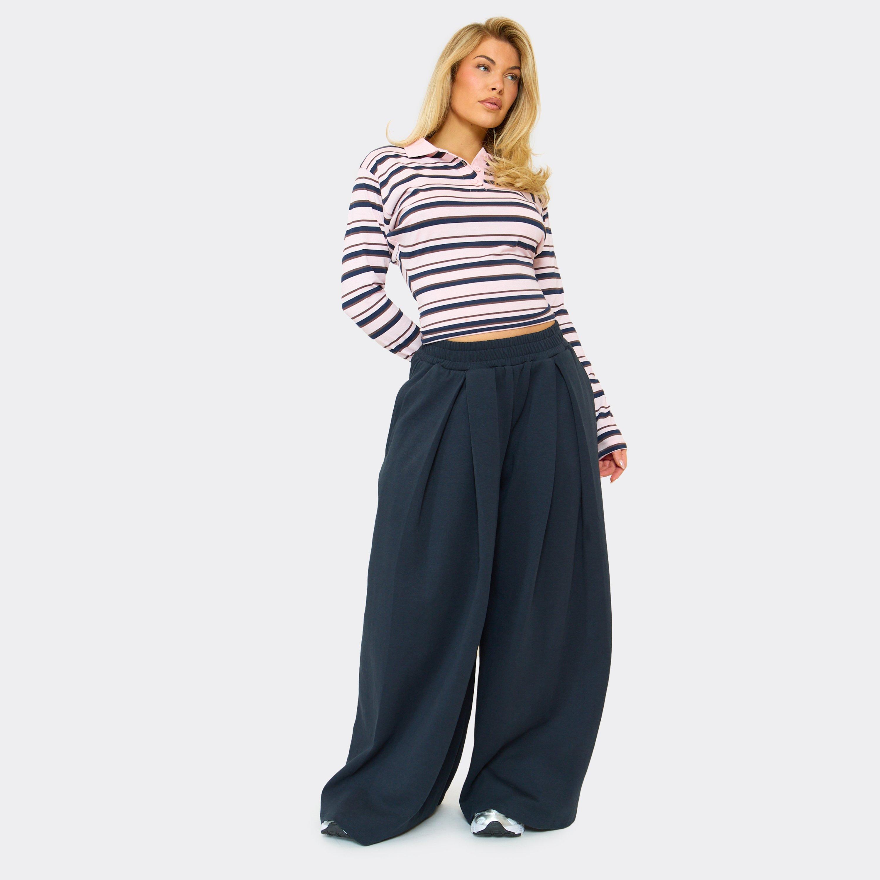 Low Rise Pintuck Detail Wide Leg Joggers In Navy Blue, Women’s