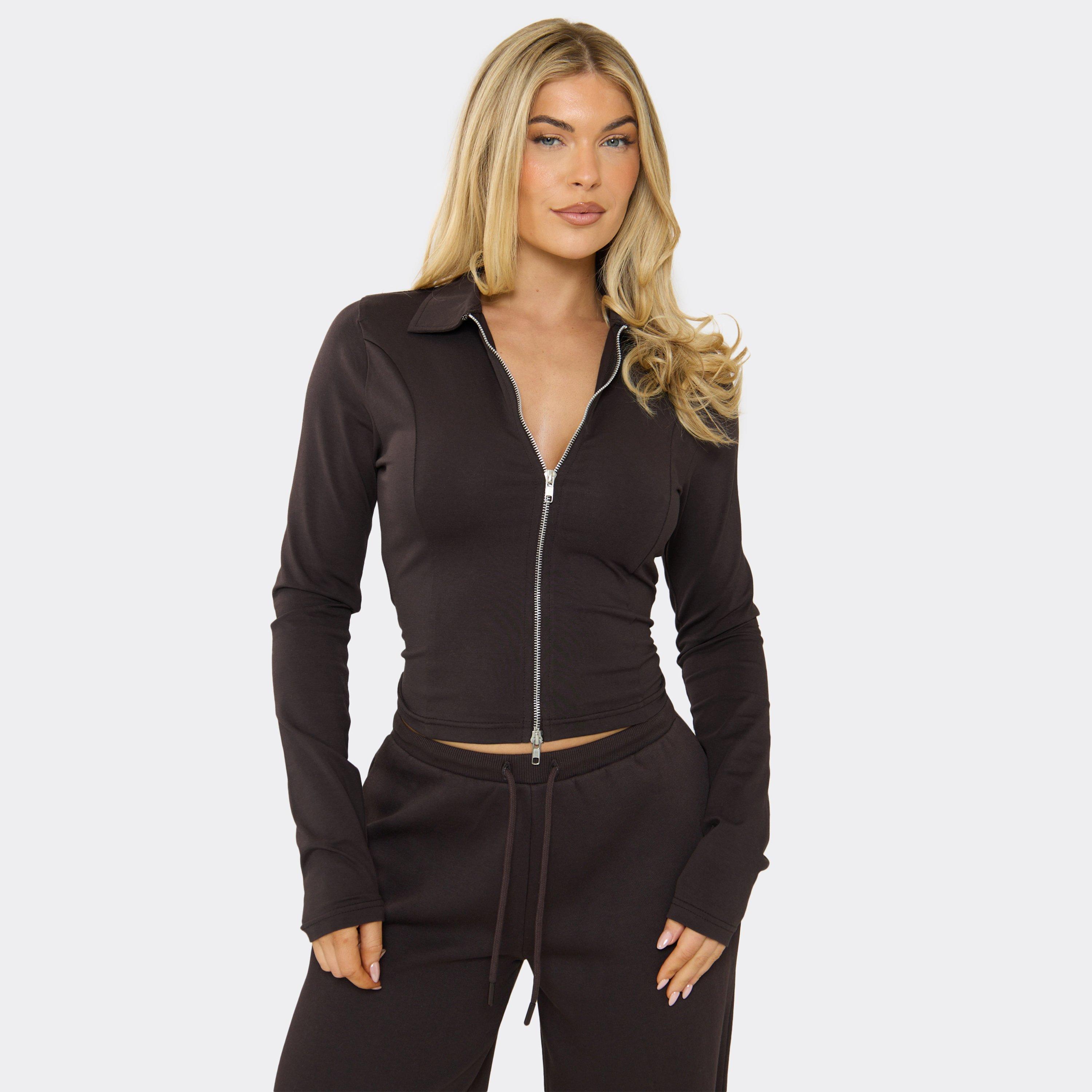 Collar Double Zip Up Cinched Waist Top In Chocolate Brown, Women's Size UK 12