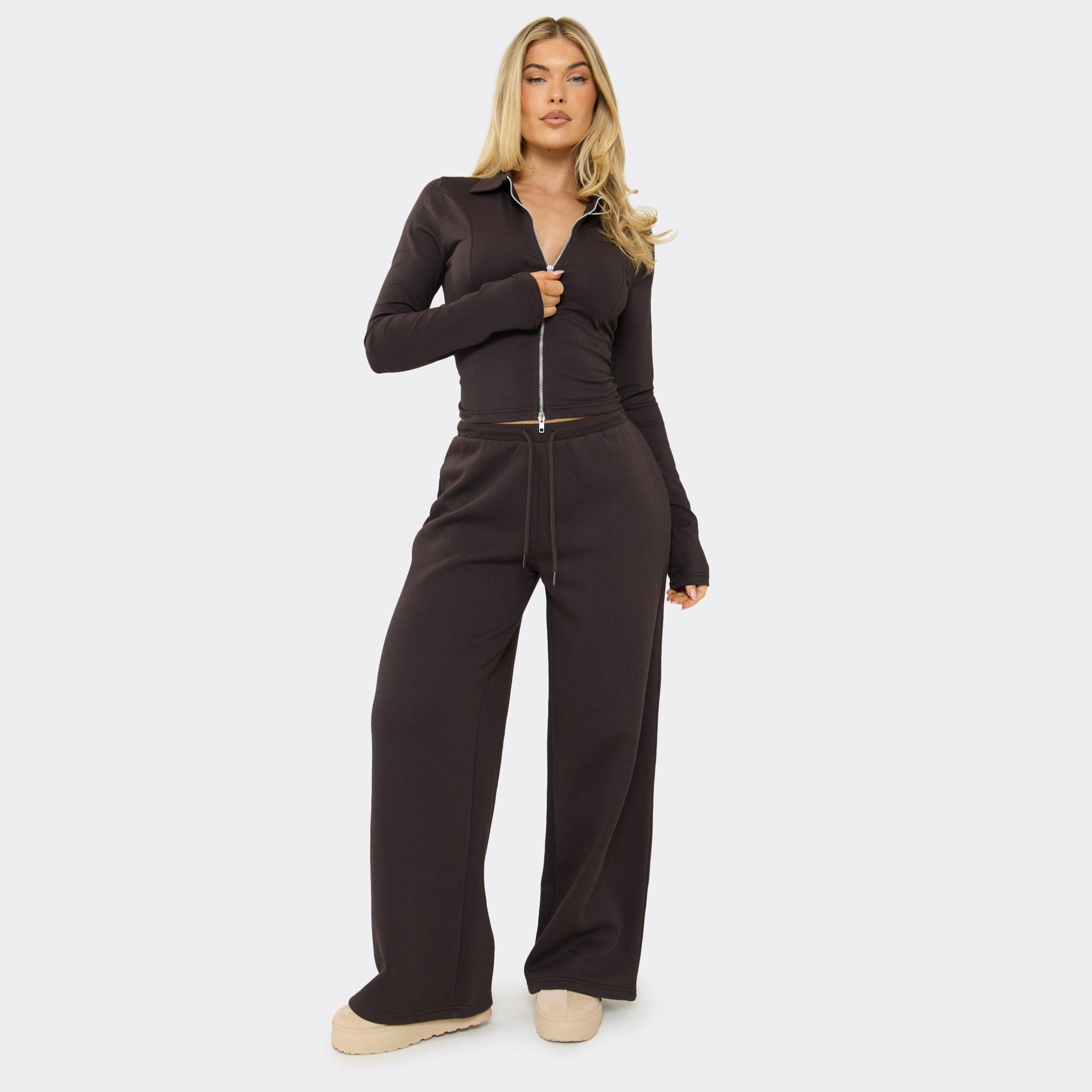 Low Rise Drawstring Waist Wide Leg Joggers In Chocolate Brown, Women's Size UK 8