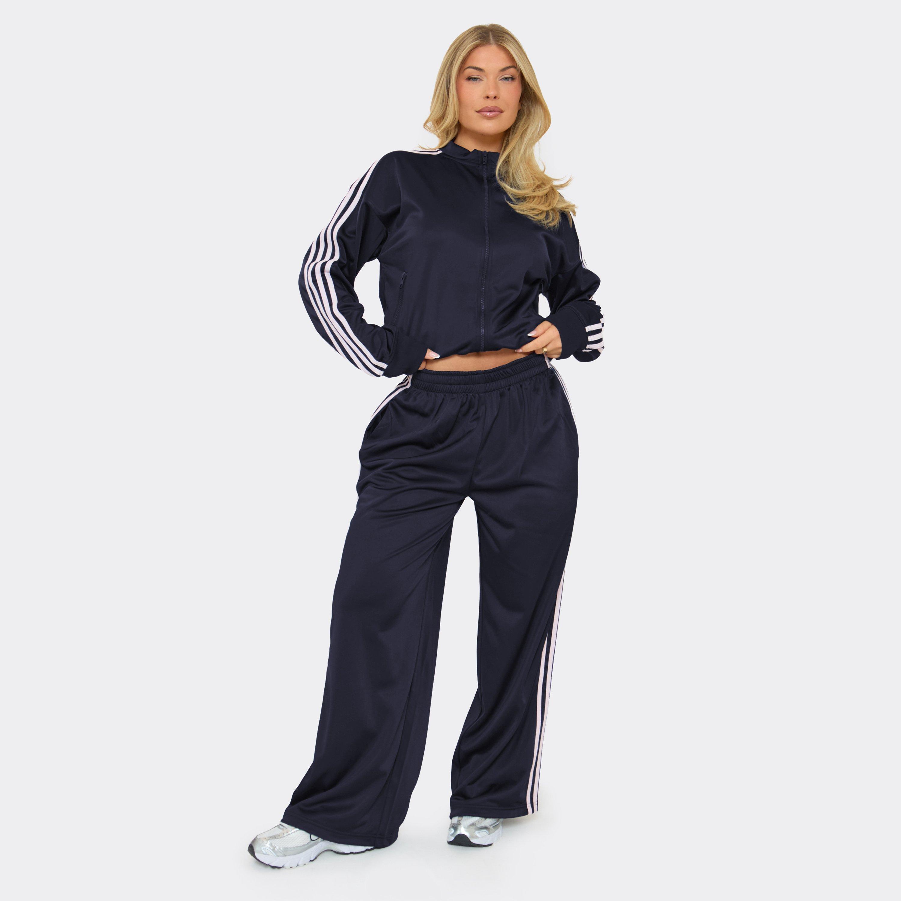 Low Rise Side Stripe Wide Leg Track Pants In Navy Blue, Women's Size UK 8