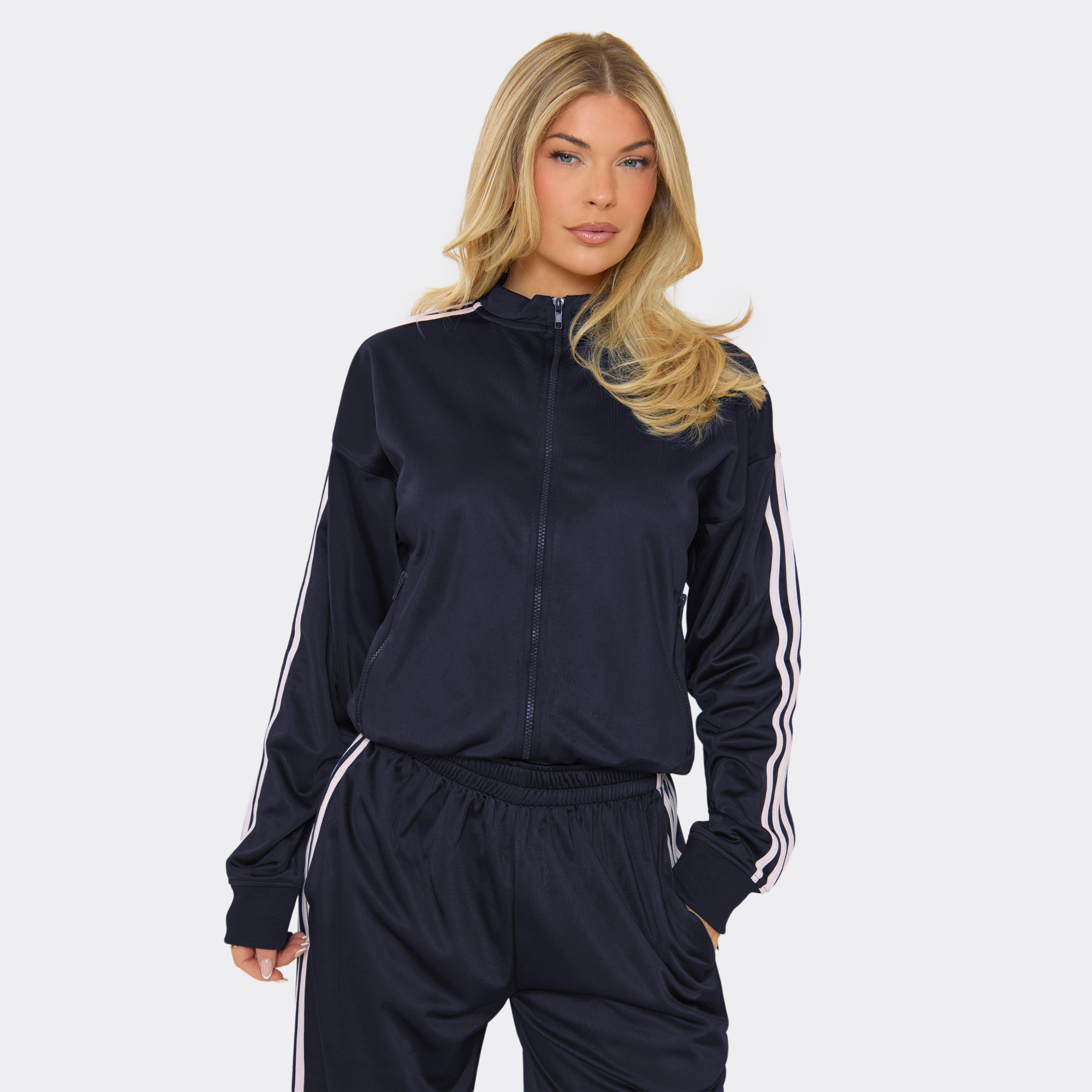 Side Stripe Zip Up Track Jacket In Navy Blue, Women's Size UK 6