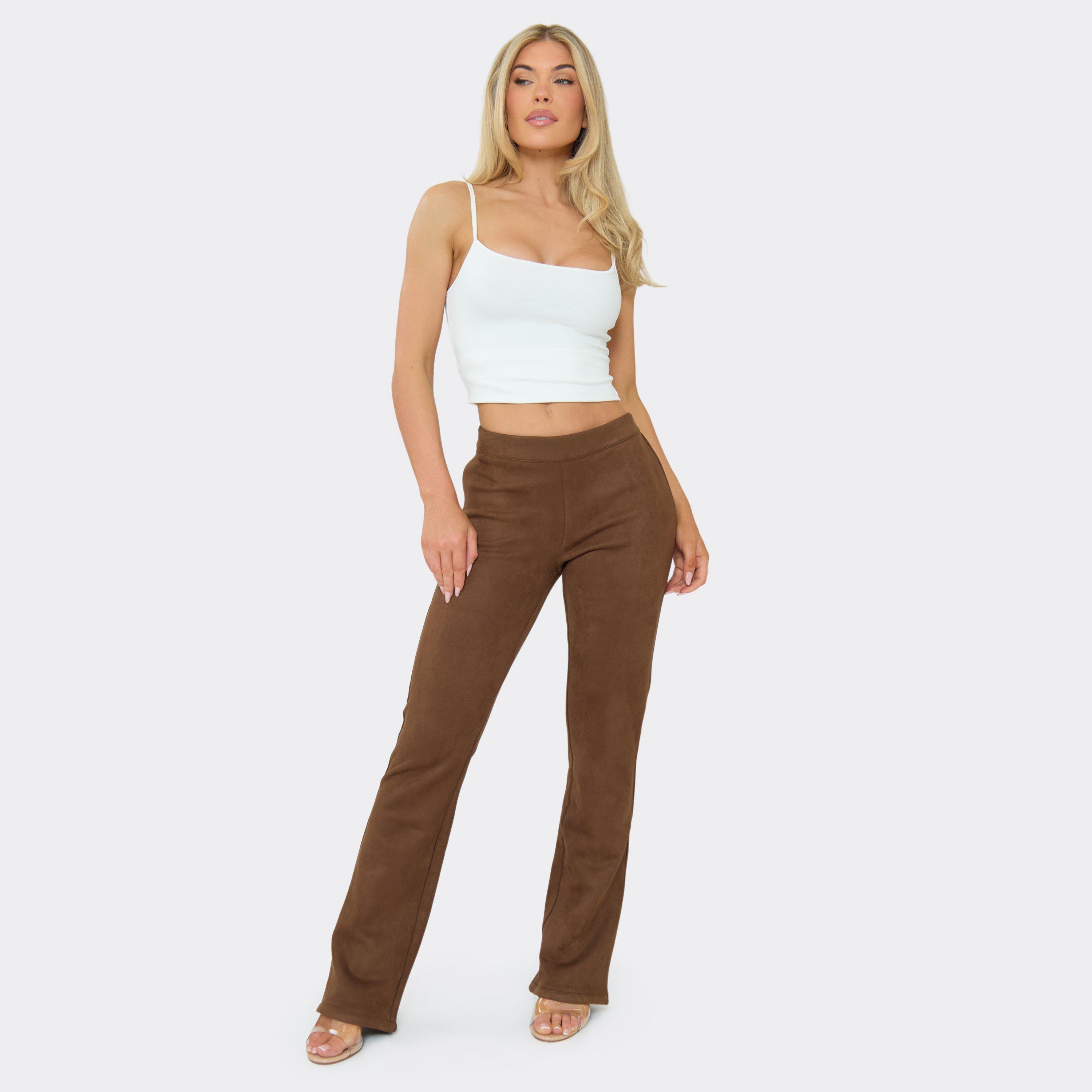 Image of Mid Rise Flared Trousers In Chocolate Brown Faux Suede, Women's