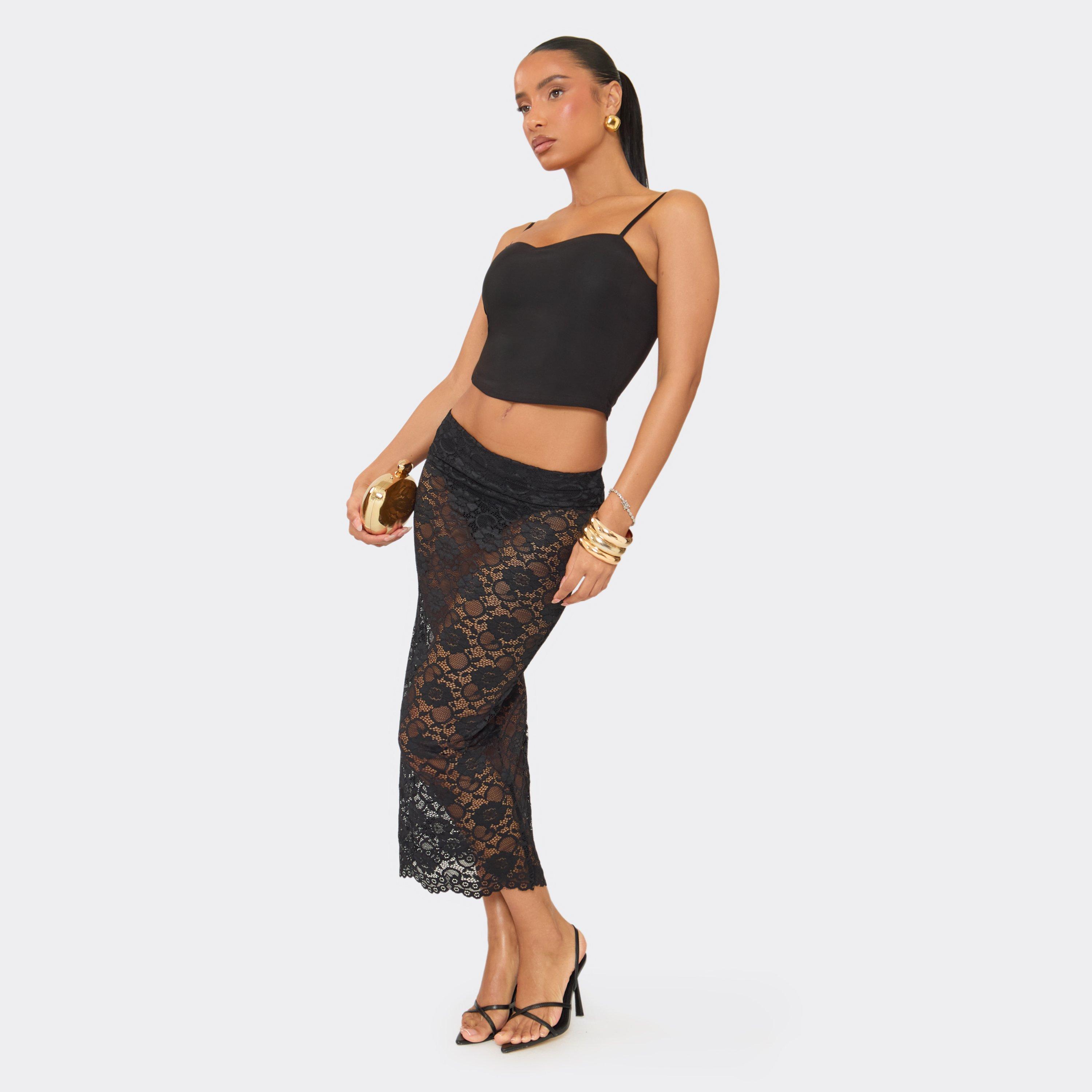 Mid Rise Knicker Insert Sheer Midi Skirt In Black Lace, Women's Size UK 6