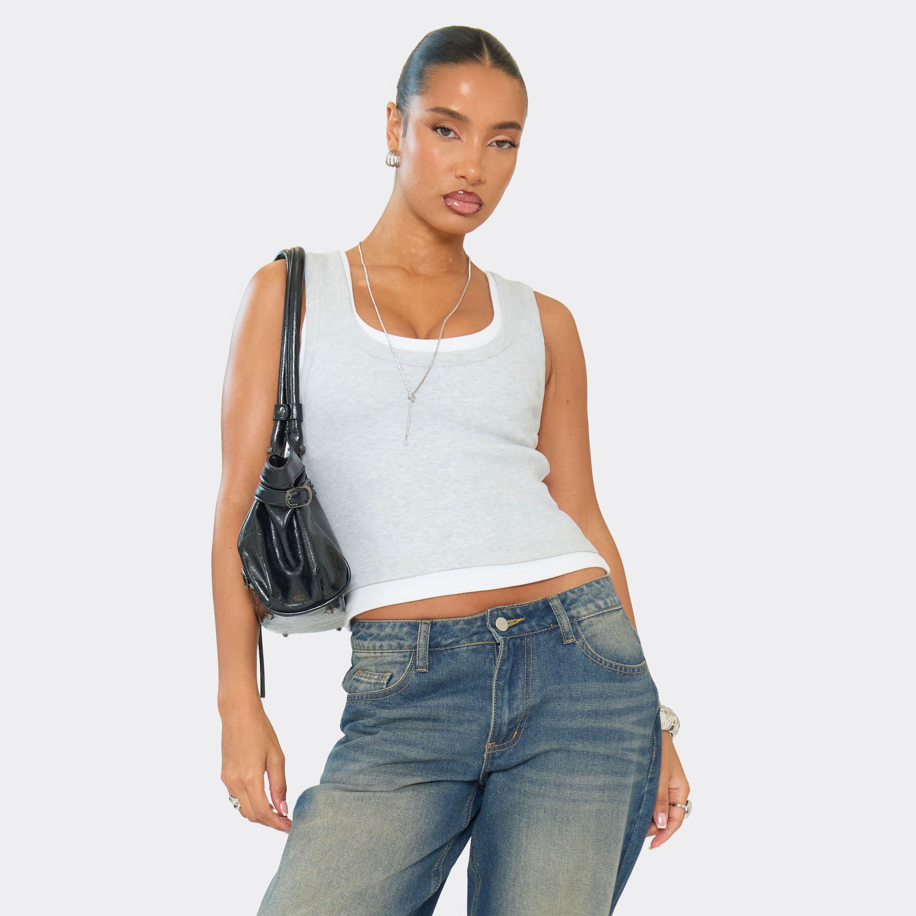 Image of Scoop Neck Contrast Detail Vest Top In Grey Rib, Women's