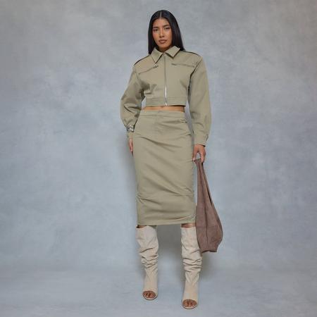 Mid Rise Utility Midi Skirt In Light Khaki Green, Women's Size US