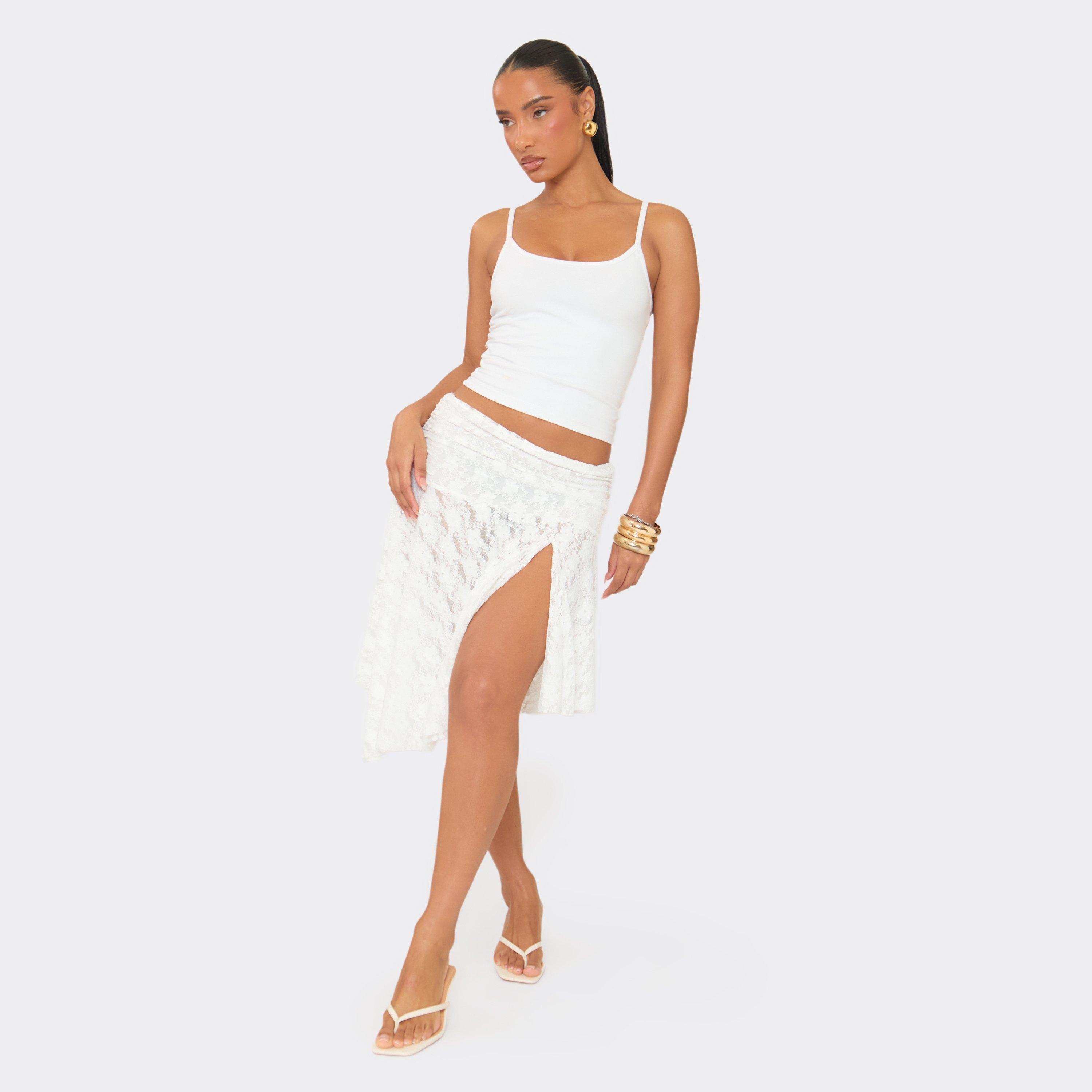 Ruched Waist Asymmetric Hem Midi Skirt In White Lace, Women's Size UK 12