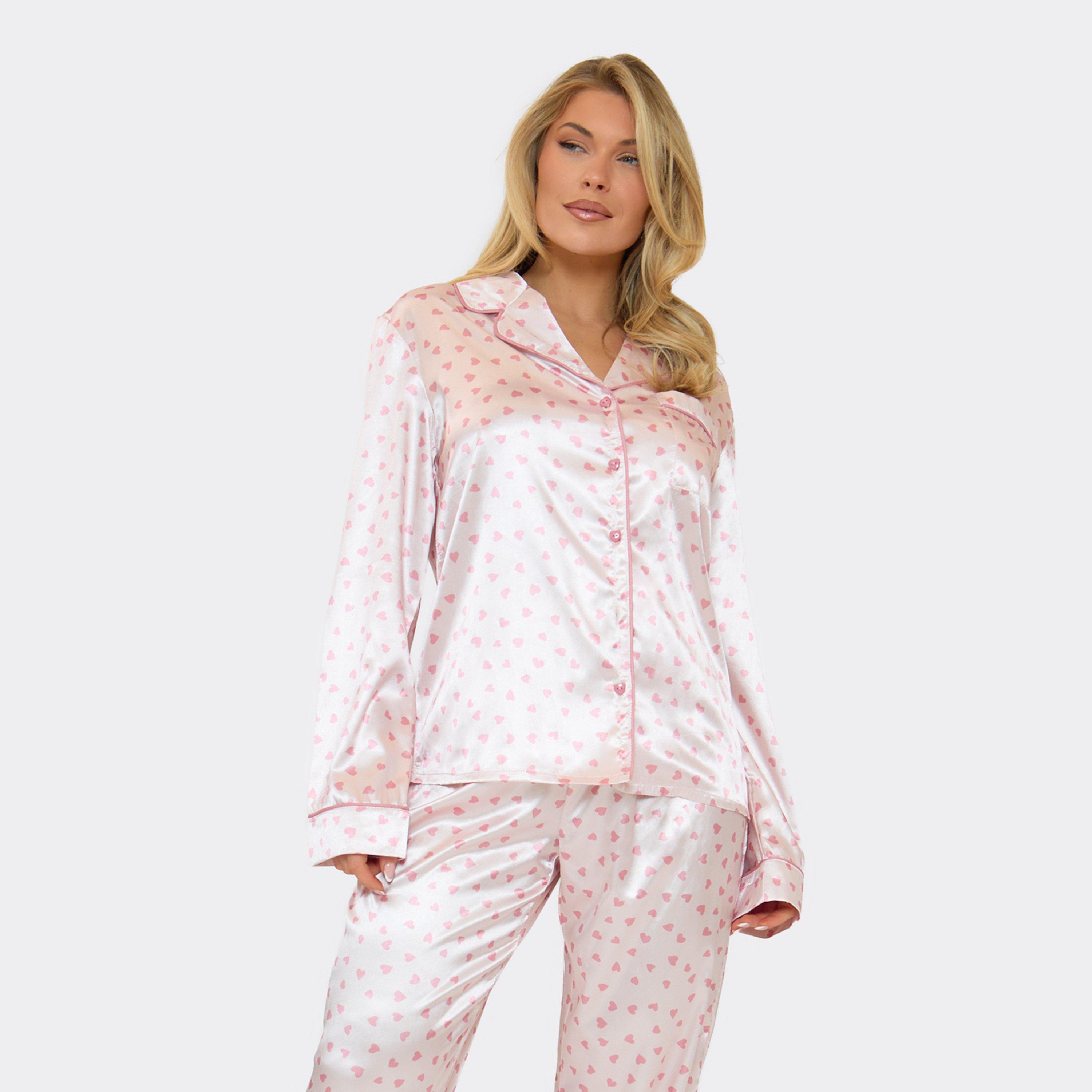 Heart Button Front Shirt And Trouser Pyjama Set In Pink Heart Print Satin, Women's Size UK 10