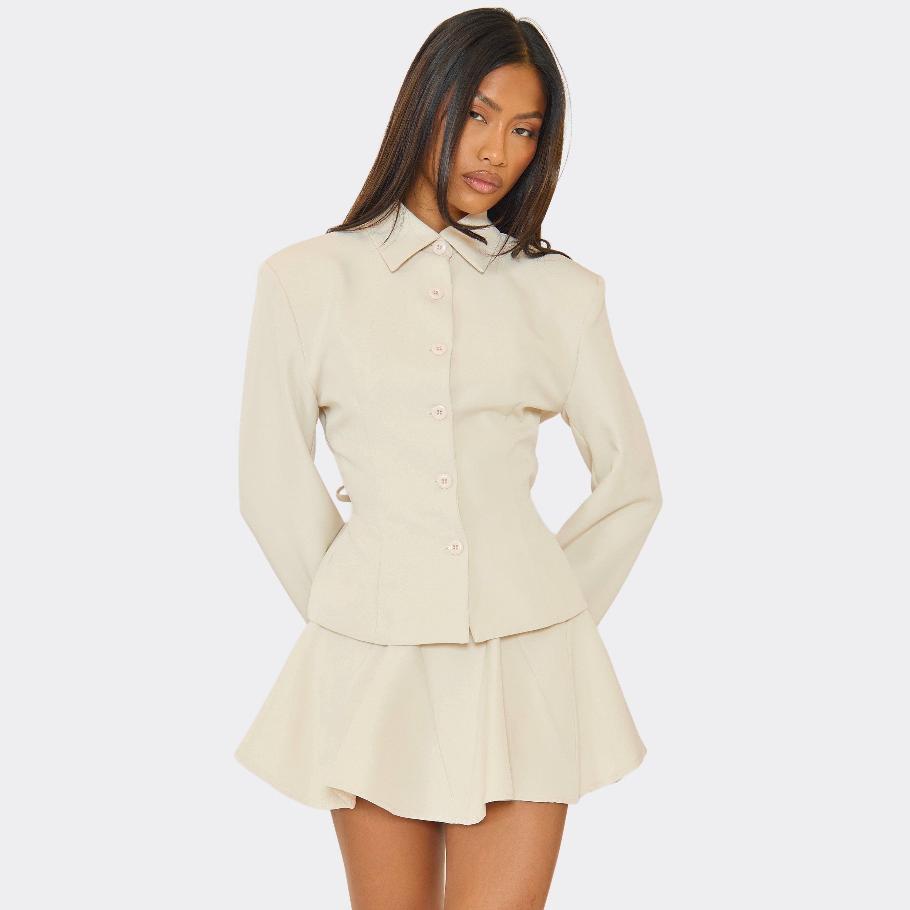 Long Sleeve Button Up Cinched Waist Tailored Top In Stone, Women's Size UK 10