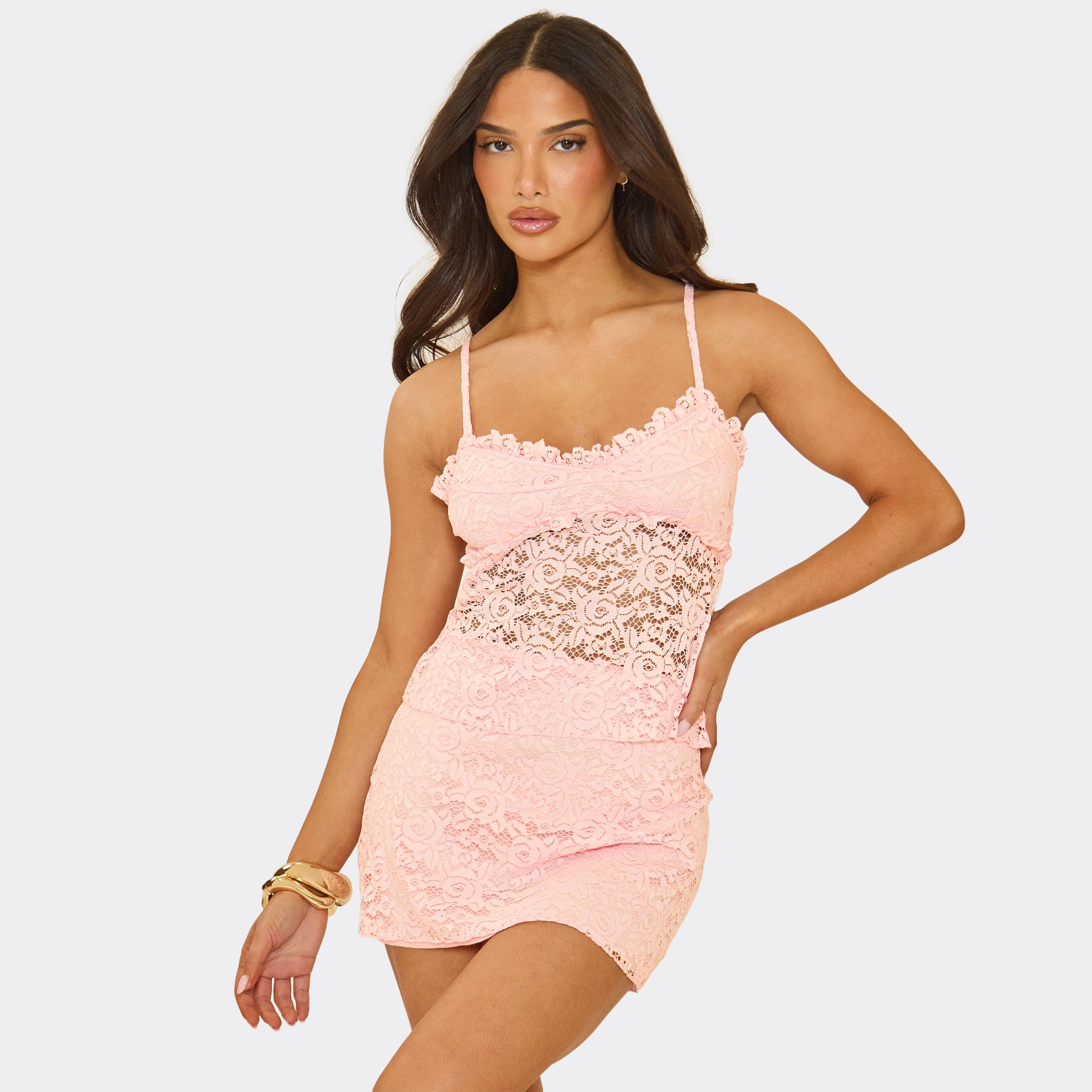 Strappy Frill Hem Detail Top In Baby Pink Lace, Women's Size UK 14