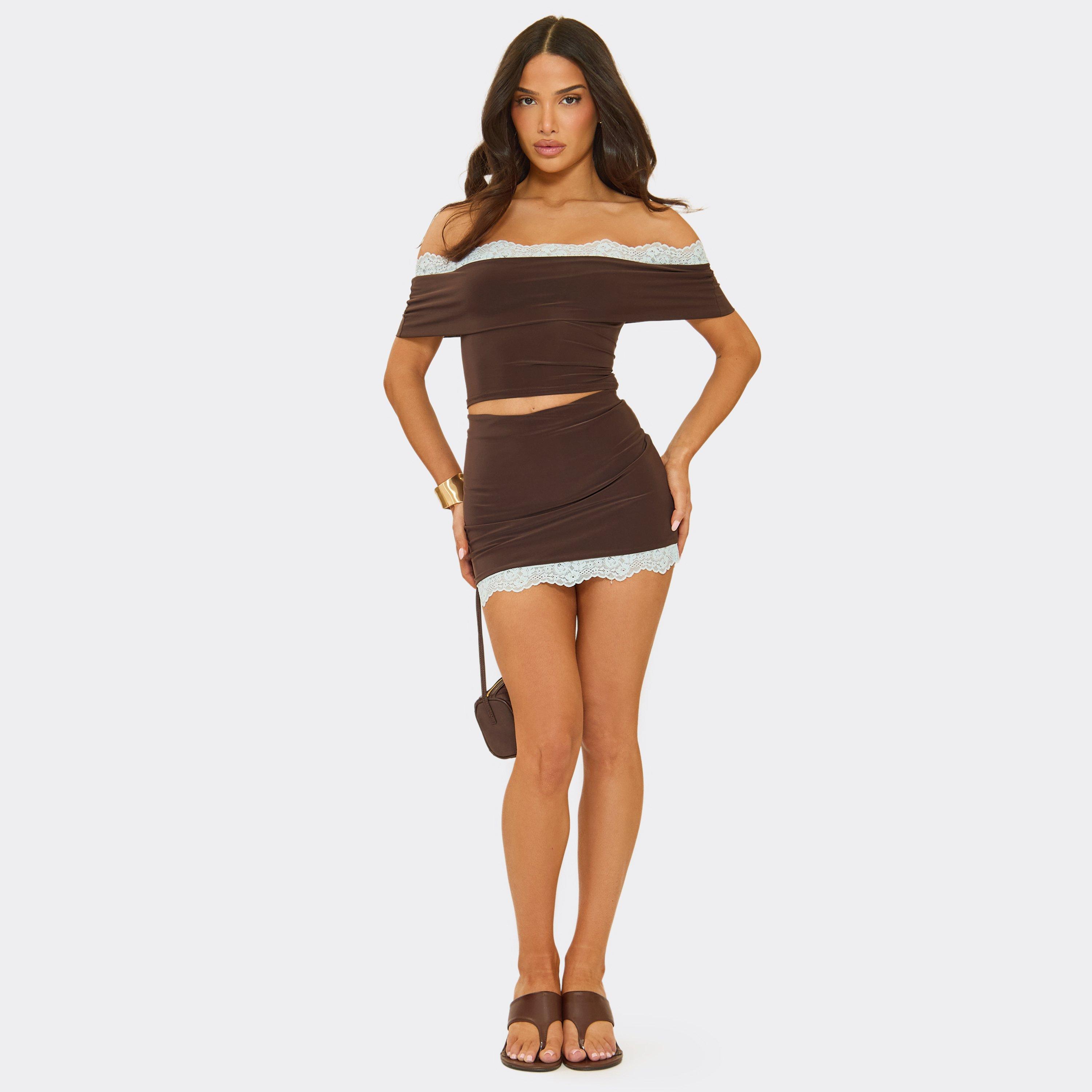 Mid Waist Lace Trim Mini Skirt In Chocolate Brown Slinky, Women’s