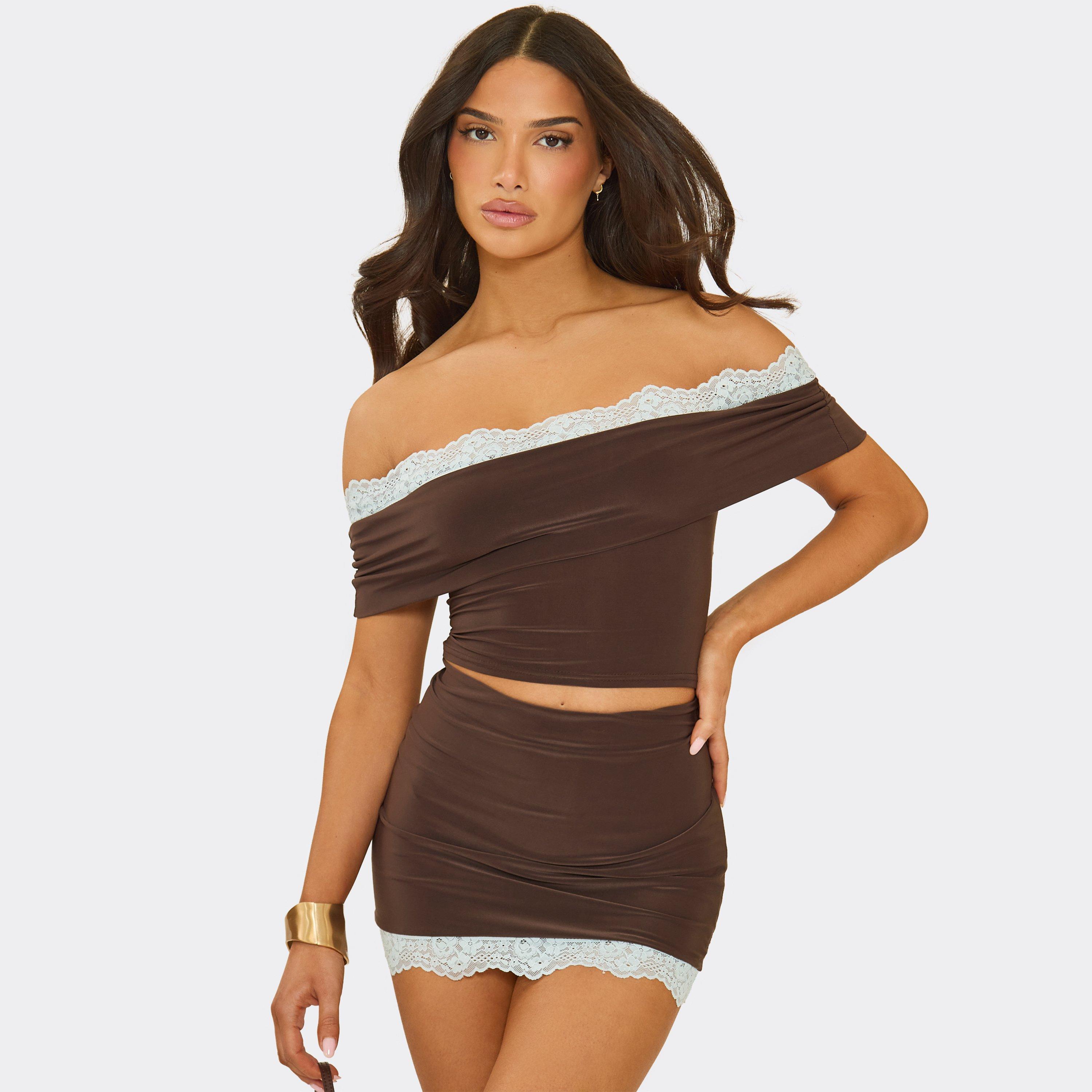 Image of Bardot Lace Trim Top In Chocolate Brown Slinky, Women's