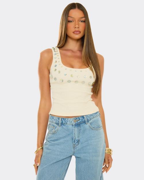 Scoop Neck Pearl Button Detail Vest Top In Beige