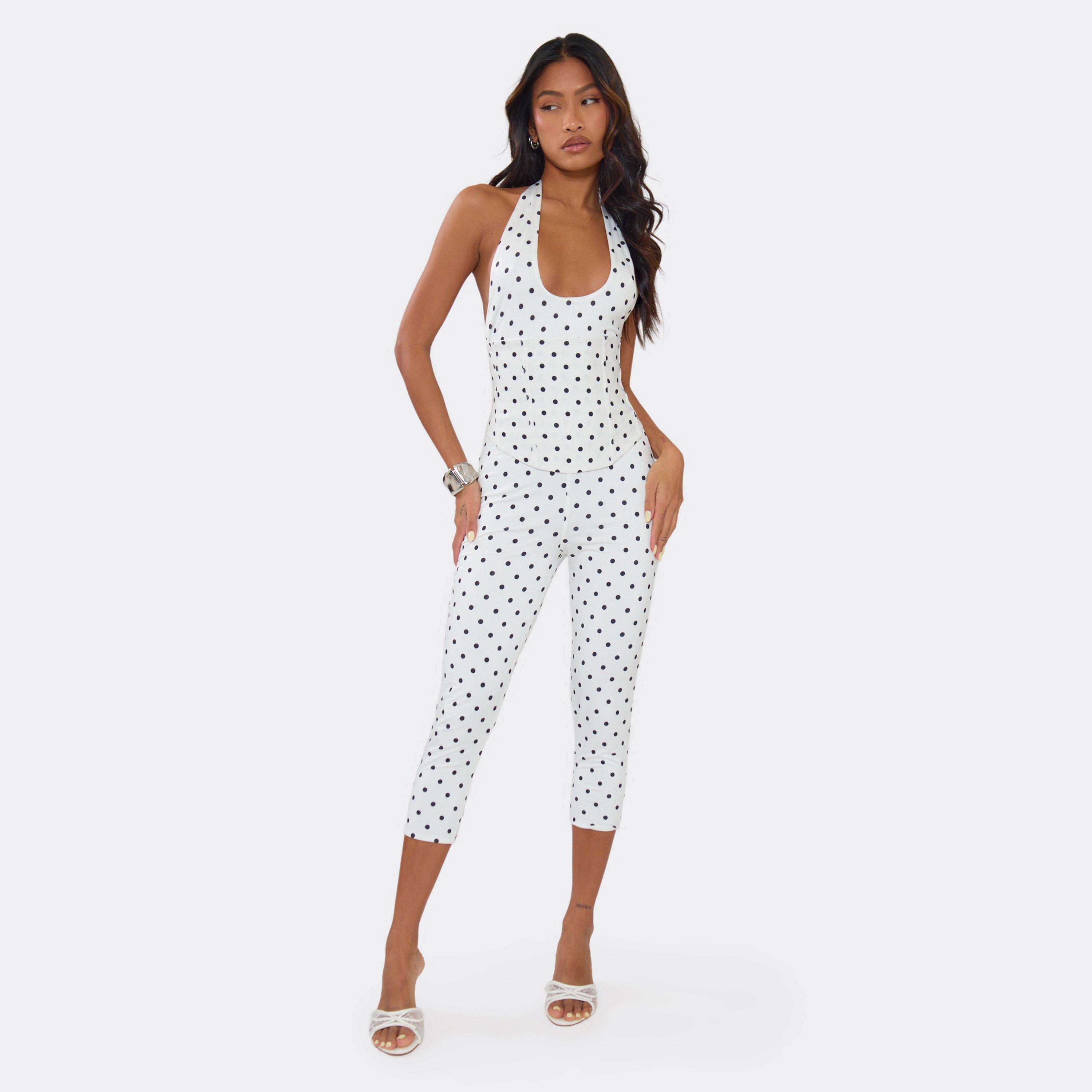 Image of Halterneck Plunge Front Corset Capri Jumpsuit In White Polka Dot, Women's